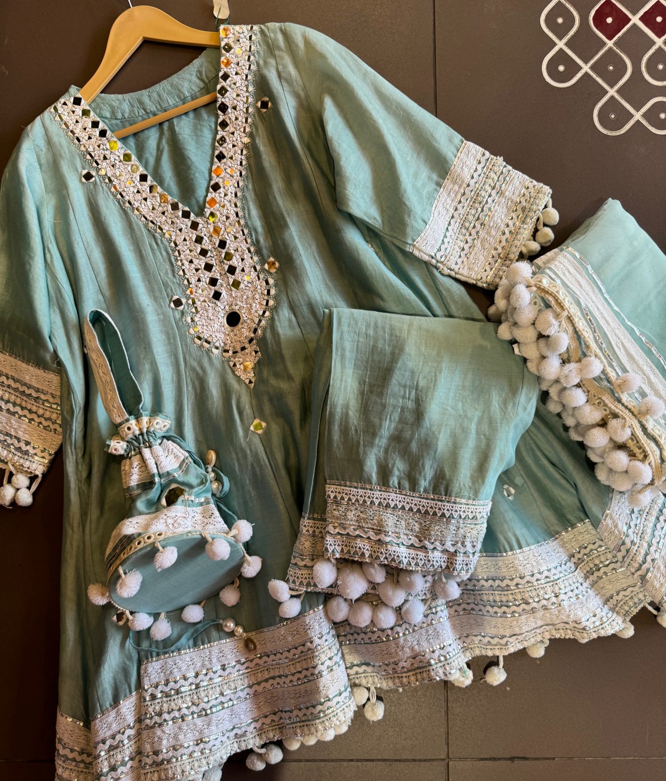 Soft cotton chanderi Anarkali suit with Beautiful sequence embellished neckline with original mirror highlighting