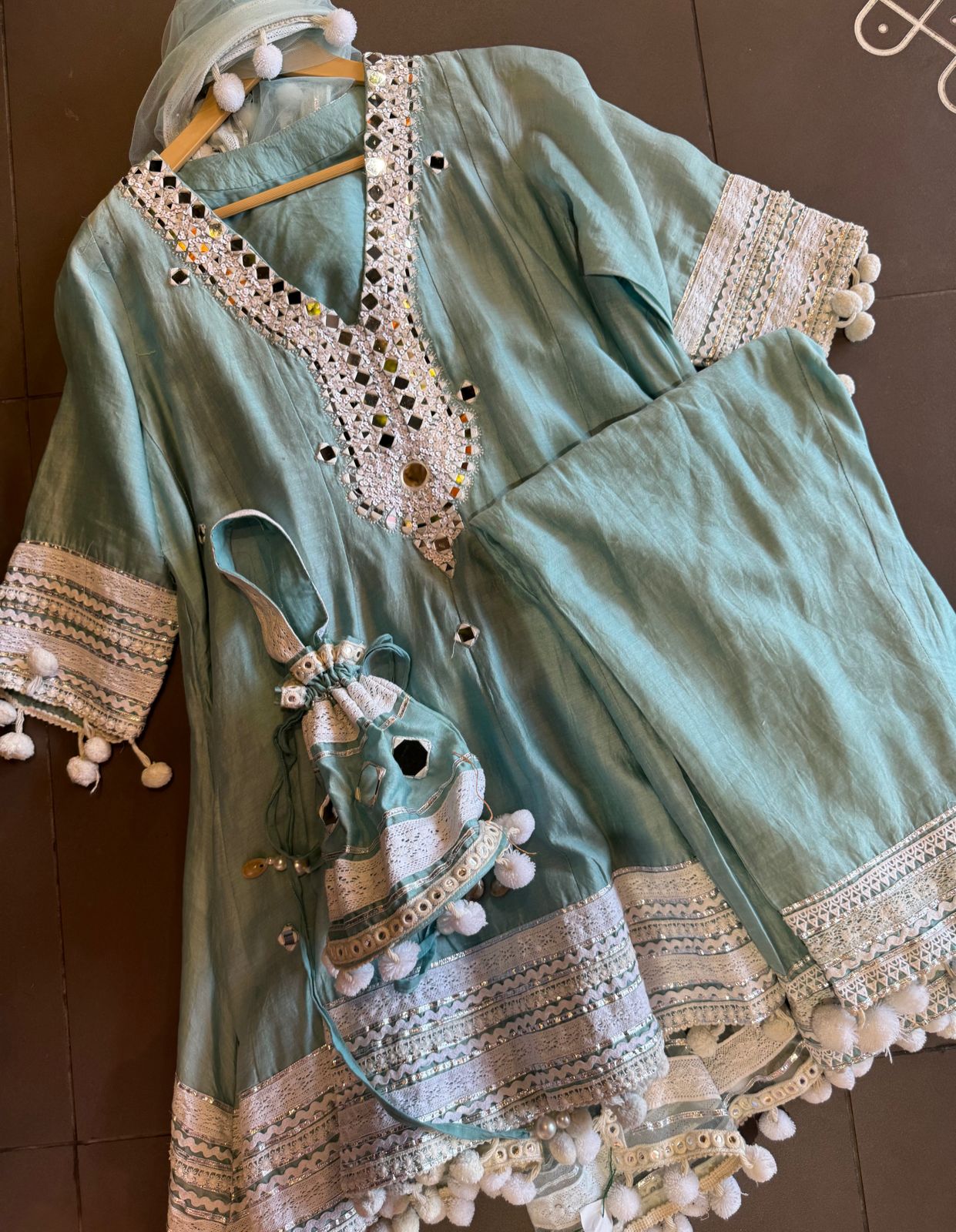 Soft cotton chanderi Anarkali suit with Beautiful sequence embellished neckline with original mirror highlighting