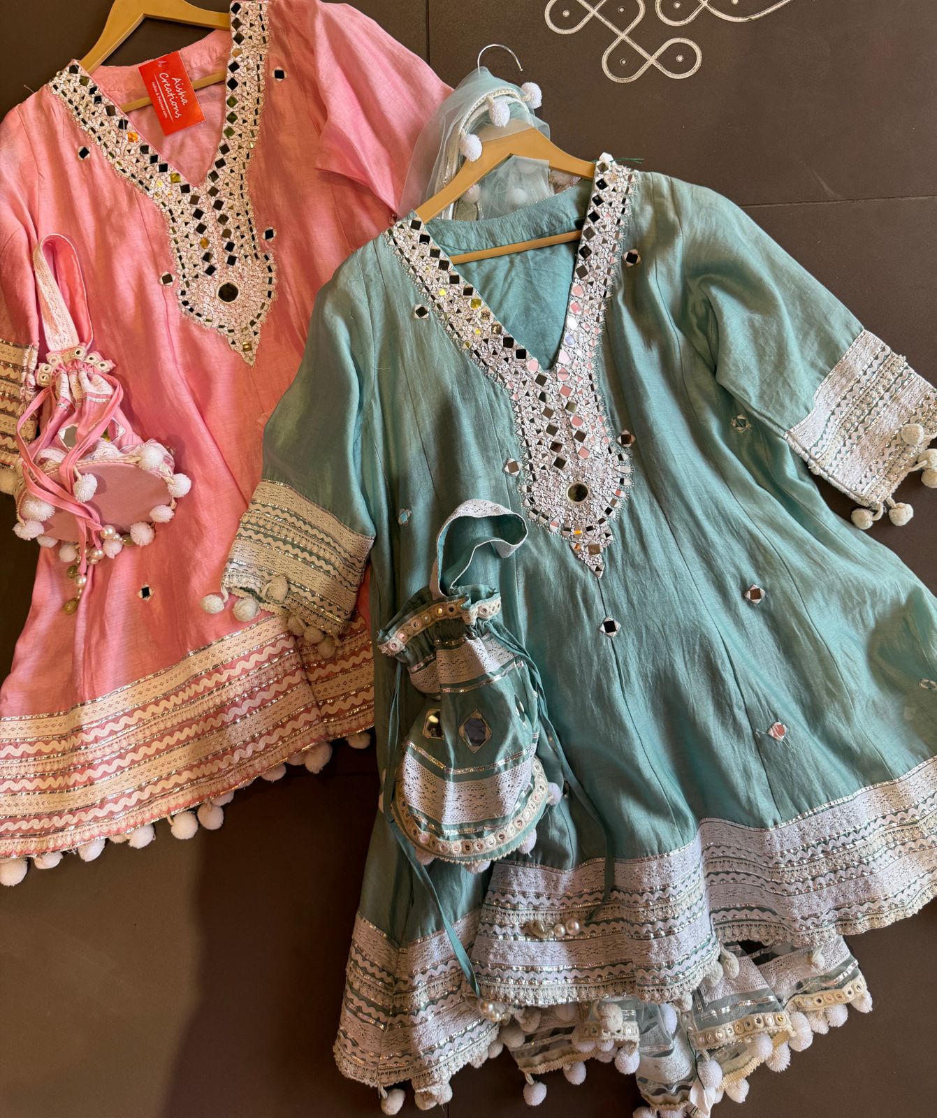 Soft cotton chanderi Anarkali suit with Beautiful sequence embellished neckline with original mirror highlighting