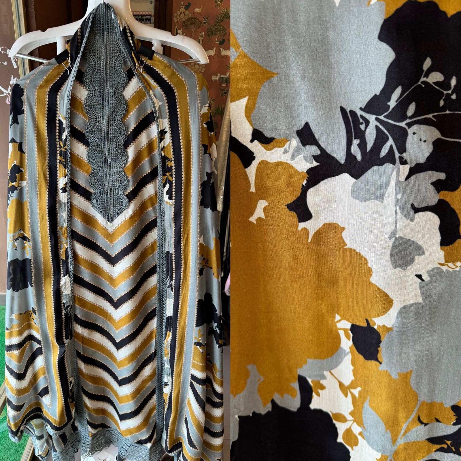 Pure Muslin Digital printed Shirt , Very smart and classy Concept with Cotton crochia neckline