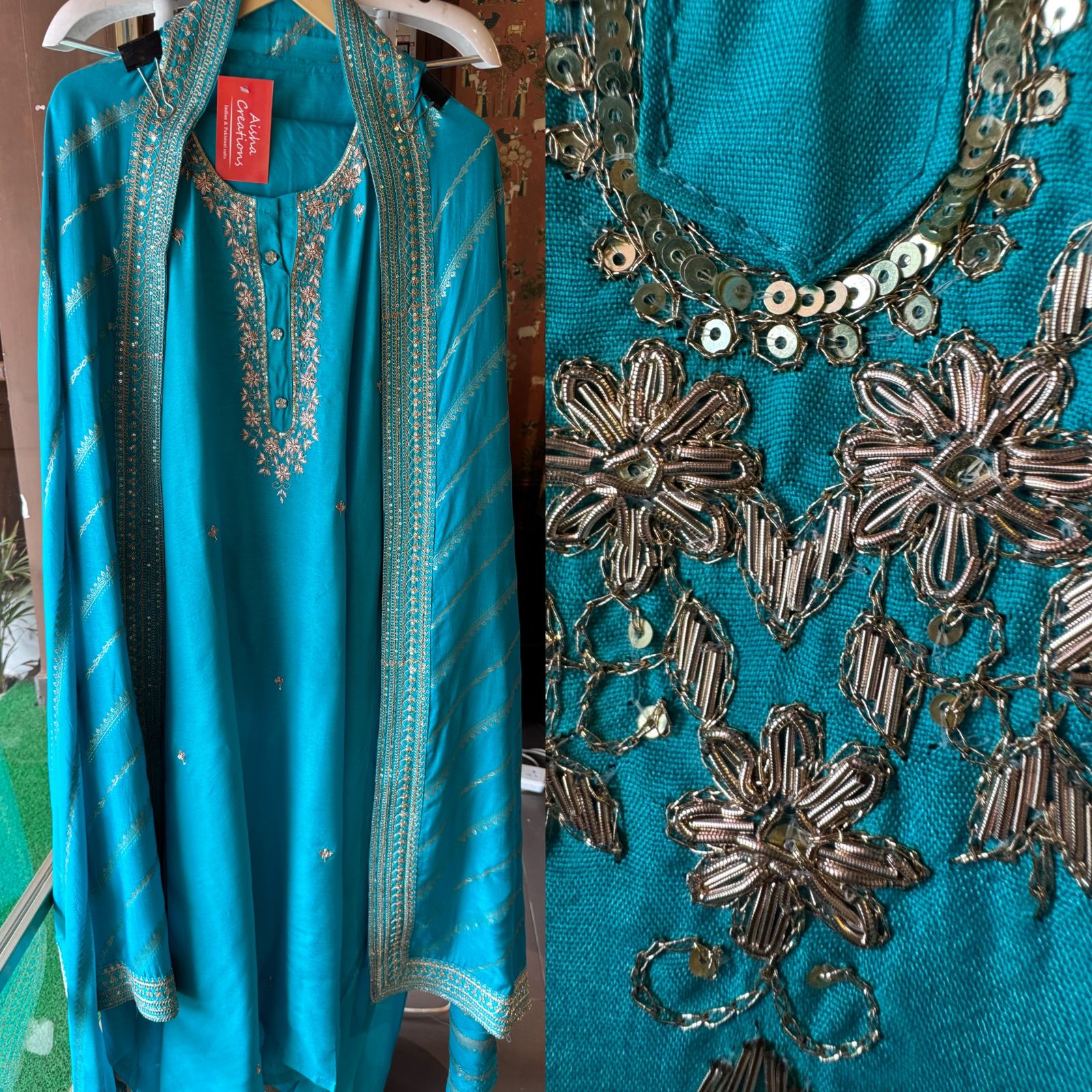 Pure russian silk unstiched shirt with beautiful hand embroidery on the neckline