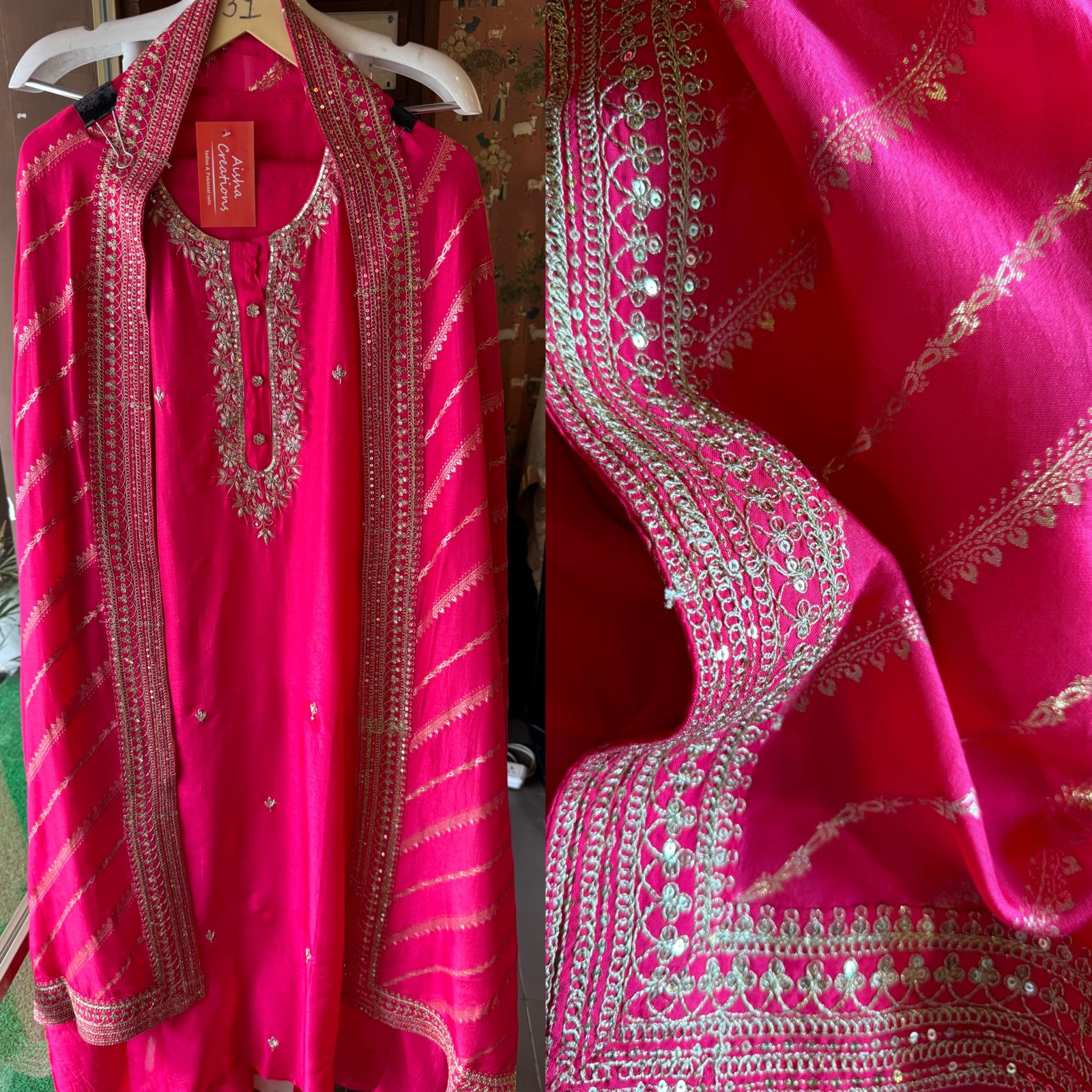 Pure russian silk unstiched shirt with beautiful hand embroidery on the neckline