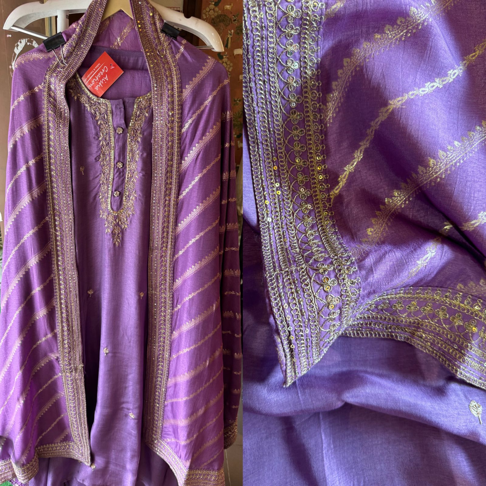 Pure russian silk unstiched shirt with beautiful hand embroidery on the neckline