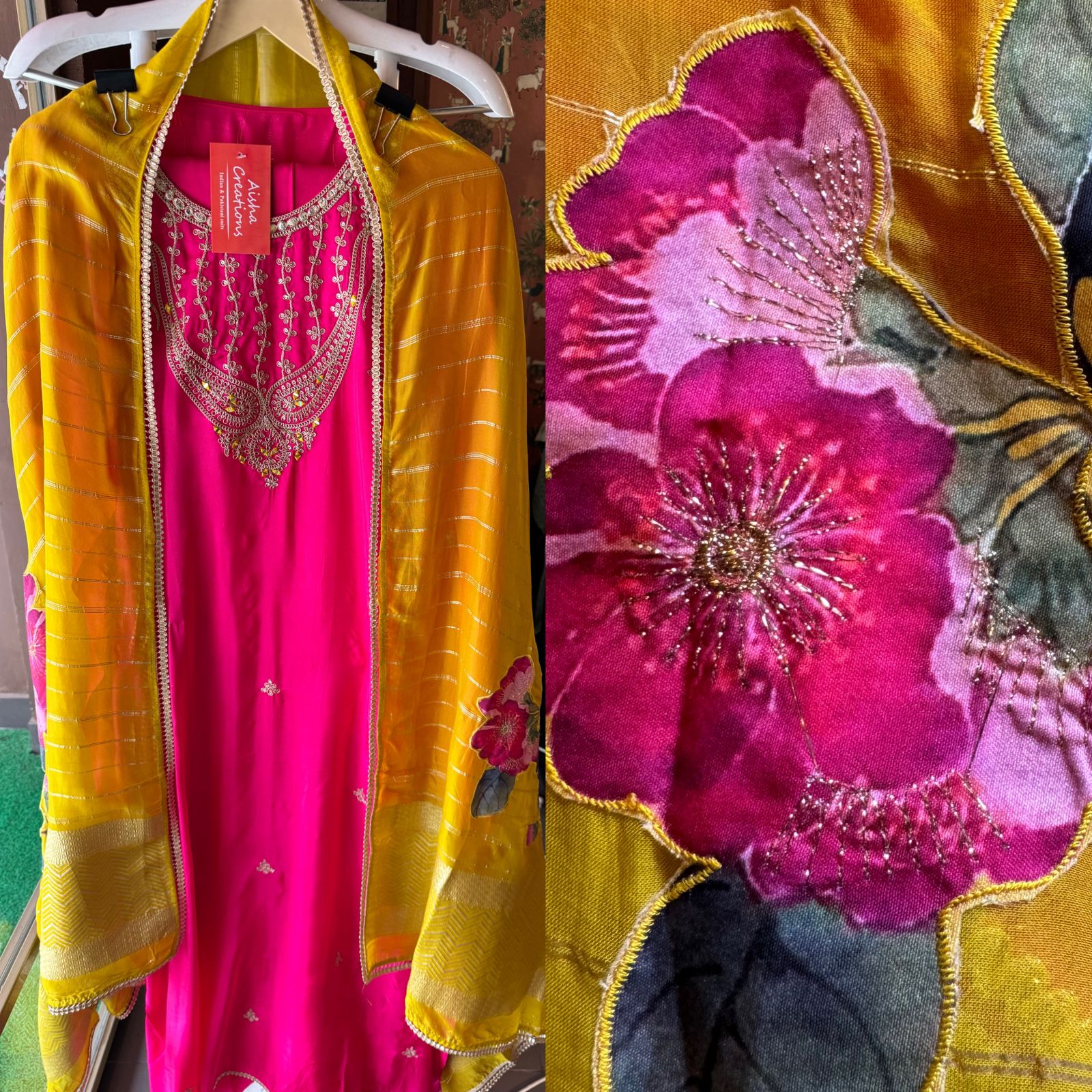 Pure silk unstitched shirt with beautiful designer embroidery on neckline and bootas all over the shirt