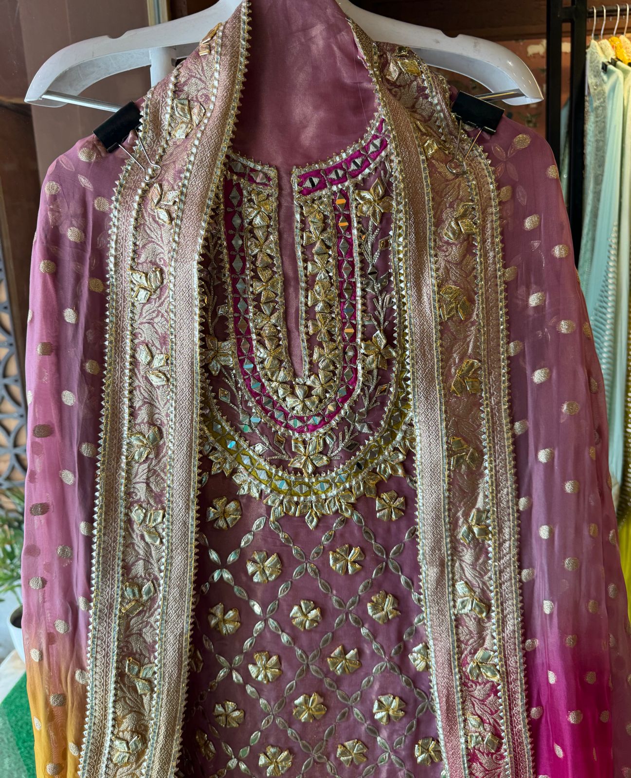 Pure tissue Unstitched Shirt with Very Beautiful original gotta Fool work done on the shirt front