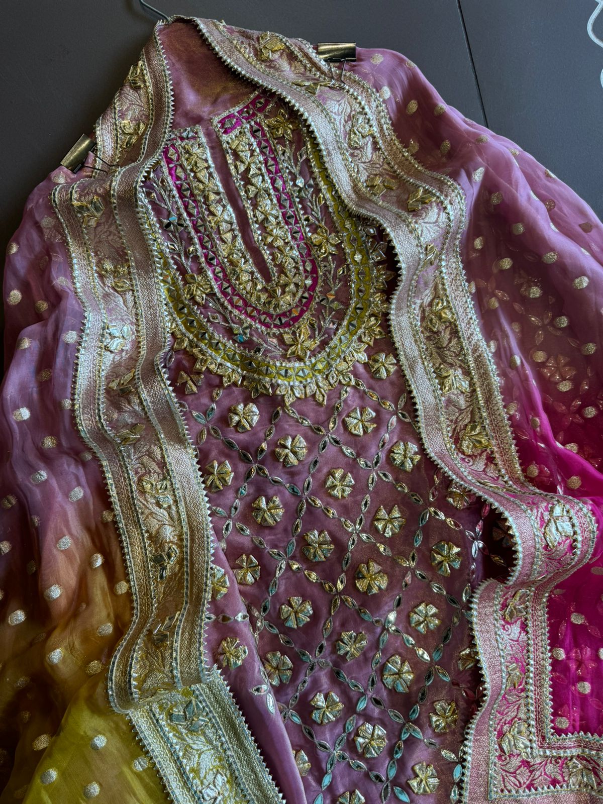 Pure tissue Unstitched Shirt with Very Beautiful original gotta Fool work done on the shirt front