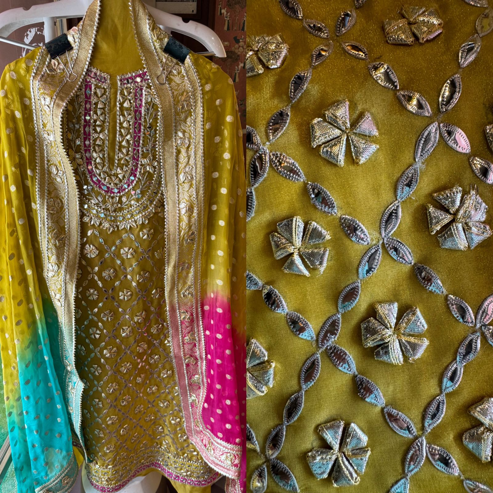 Pure tissue Unstitched Shirt with Very Beautiful original gotta Fool work done on the shirt front