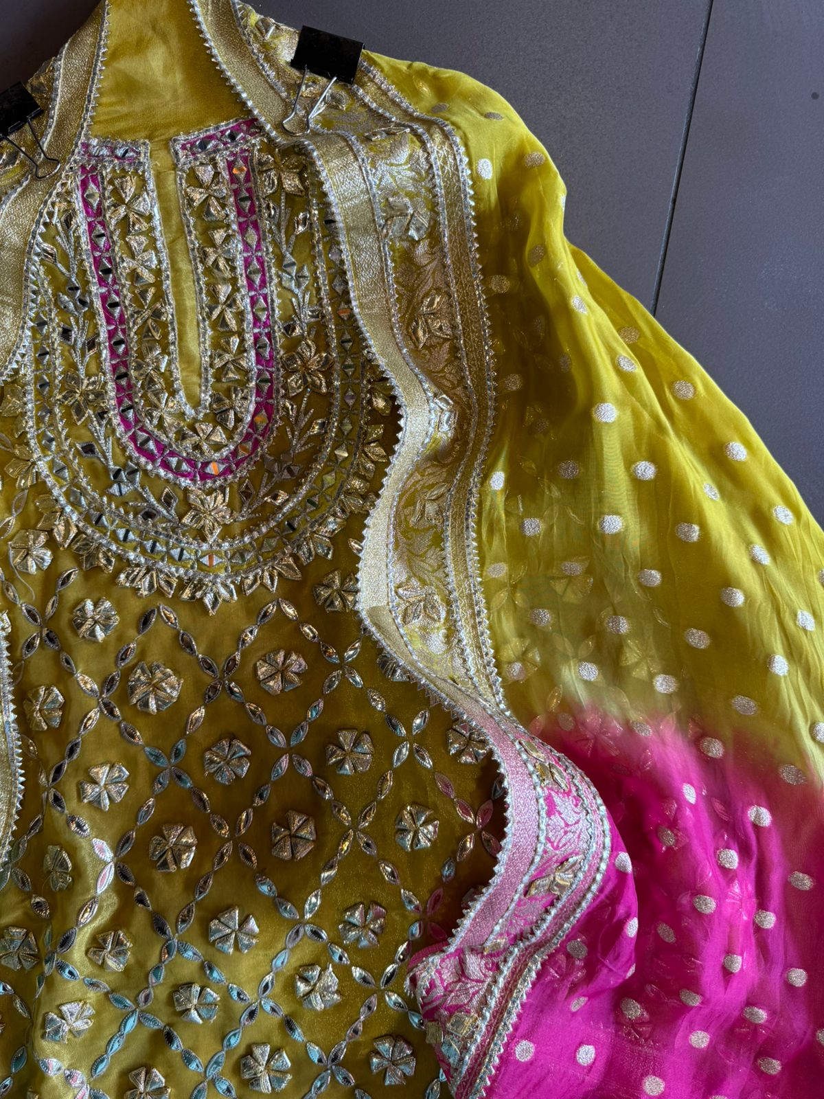 Pure tissue Unstitched Shirt with Very Beautiful original gotta Fool work done on the shirt front