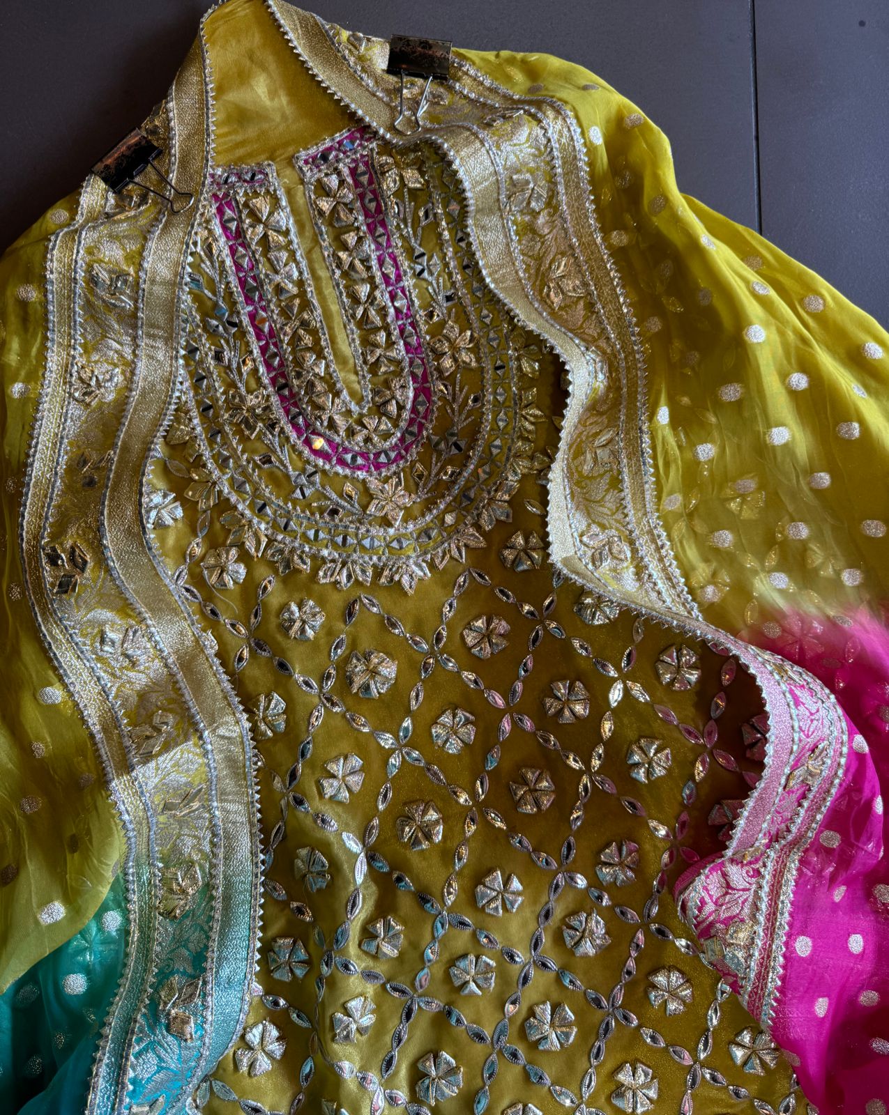 Pure tissue Unstitched Shirt with Very Beautiful original gotta Fool work done on the shirt front