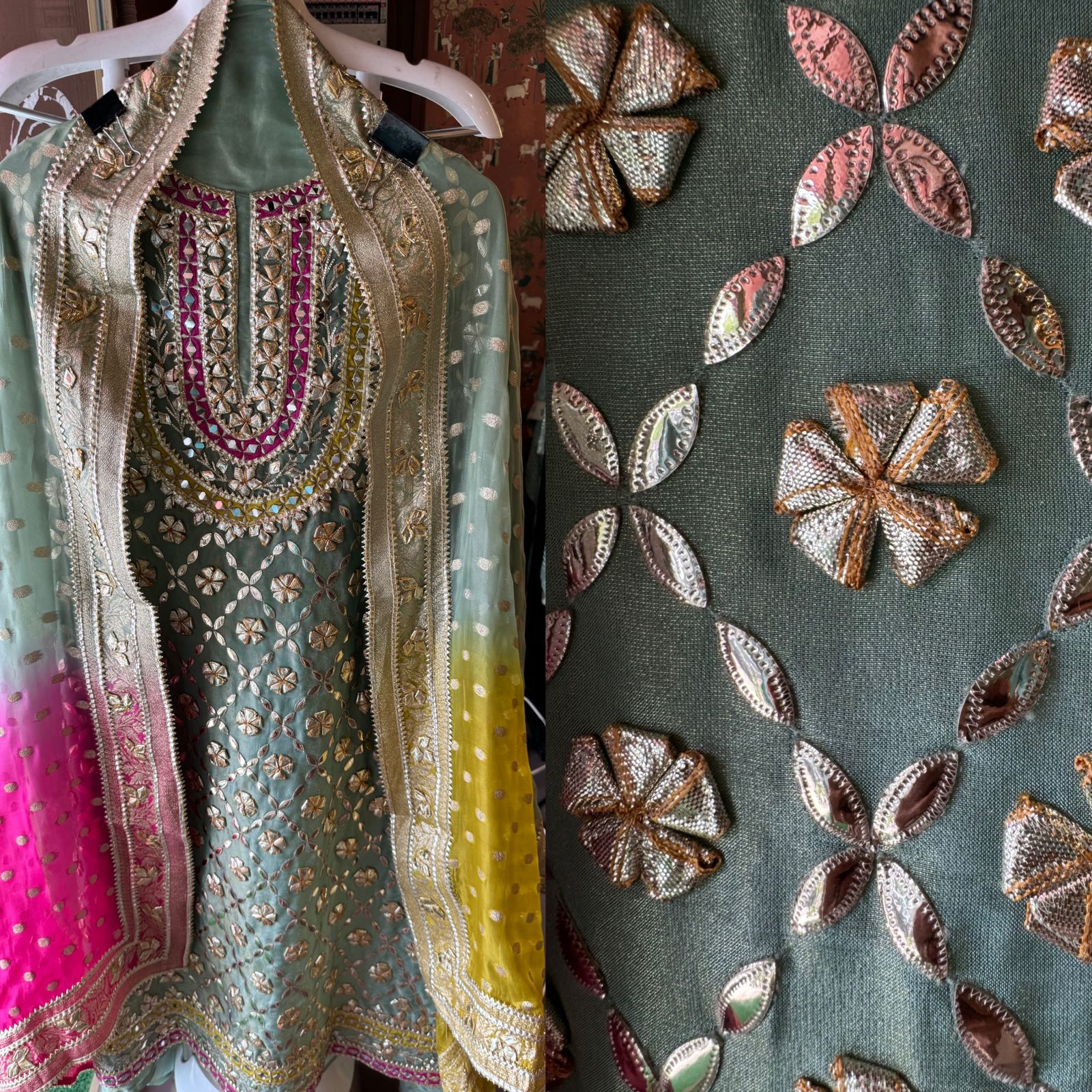 Pure tissue Unstitched Shirt with Very Beautiful original gotta Fool work done on the shirt front