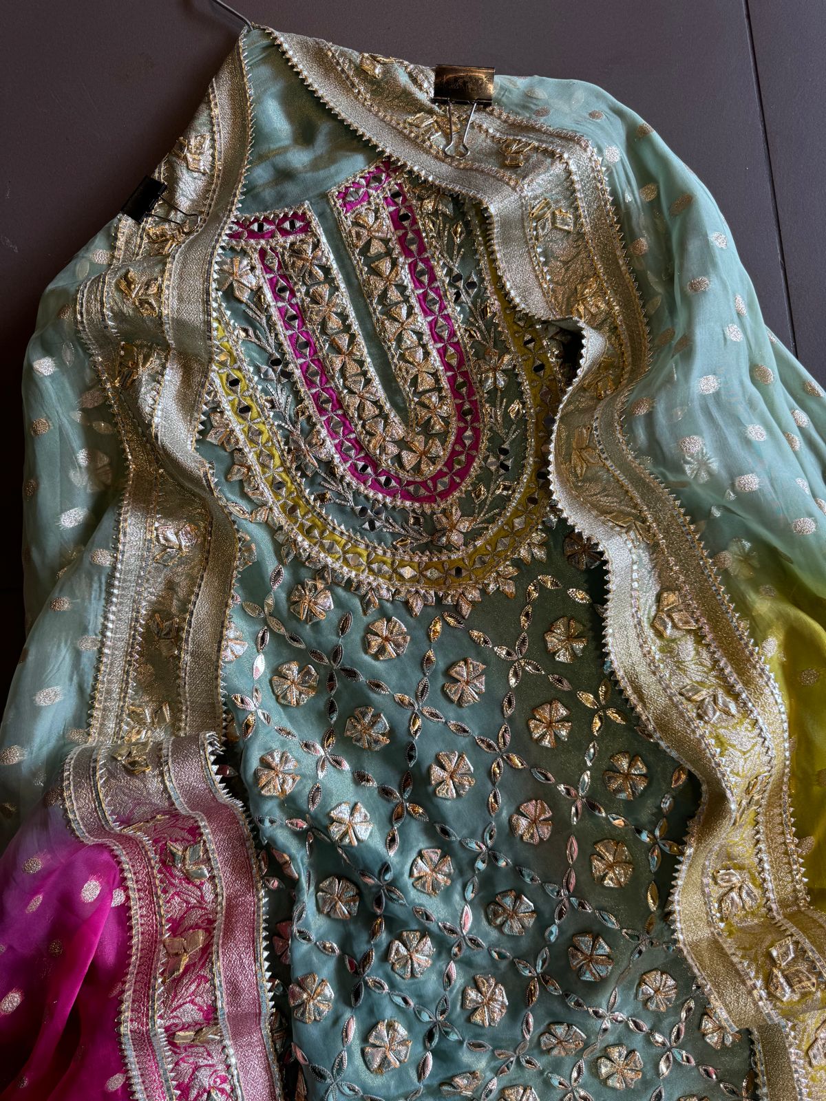 Pure tissue Unstitched Shirt with Very Beautiful original gotta Fool work done on the shirt front