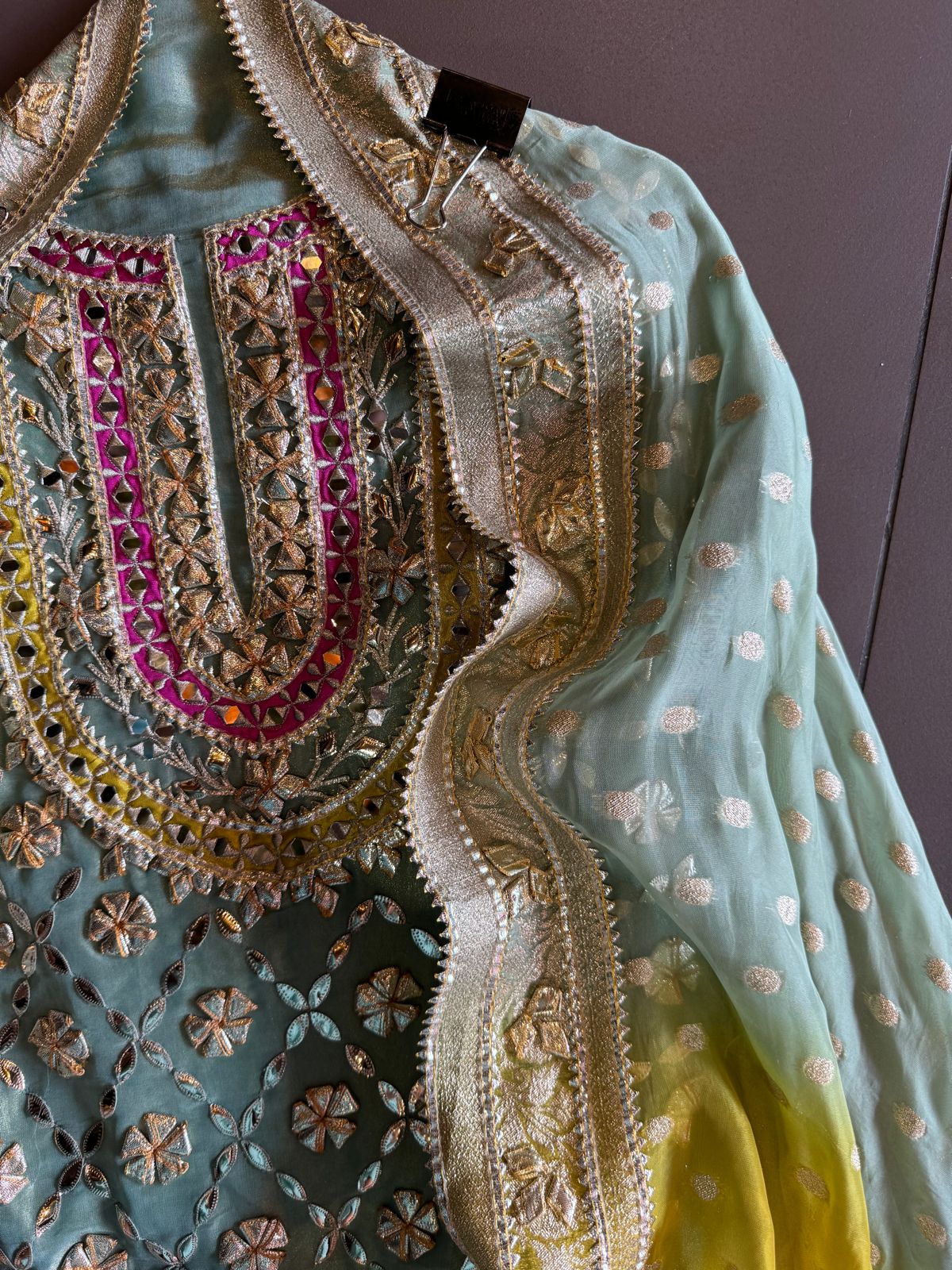 Pure tissue Unstitched Shirt with Very Beautiful original gotta Fool work done on the shirt front