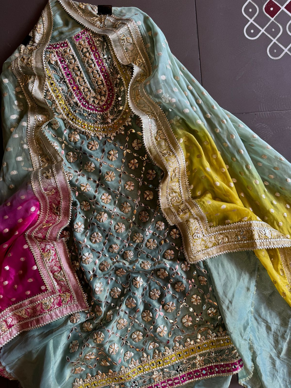 Pure tissue Unstitched Shirt with Very Beautiful original gotta Fool work done on the shirt front