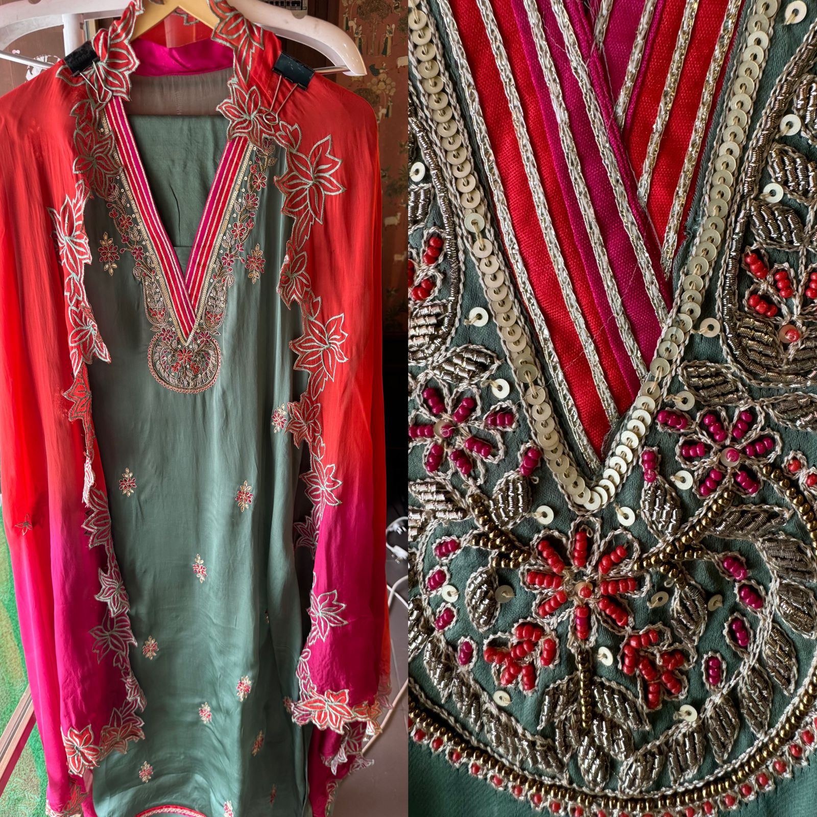 Satin silk Unstitched full size shirt with zardosi and Dabka work done on the neckline