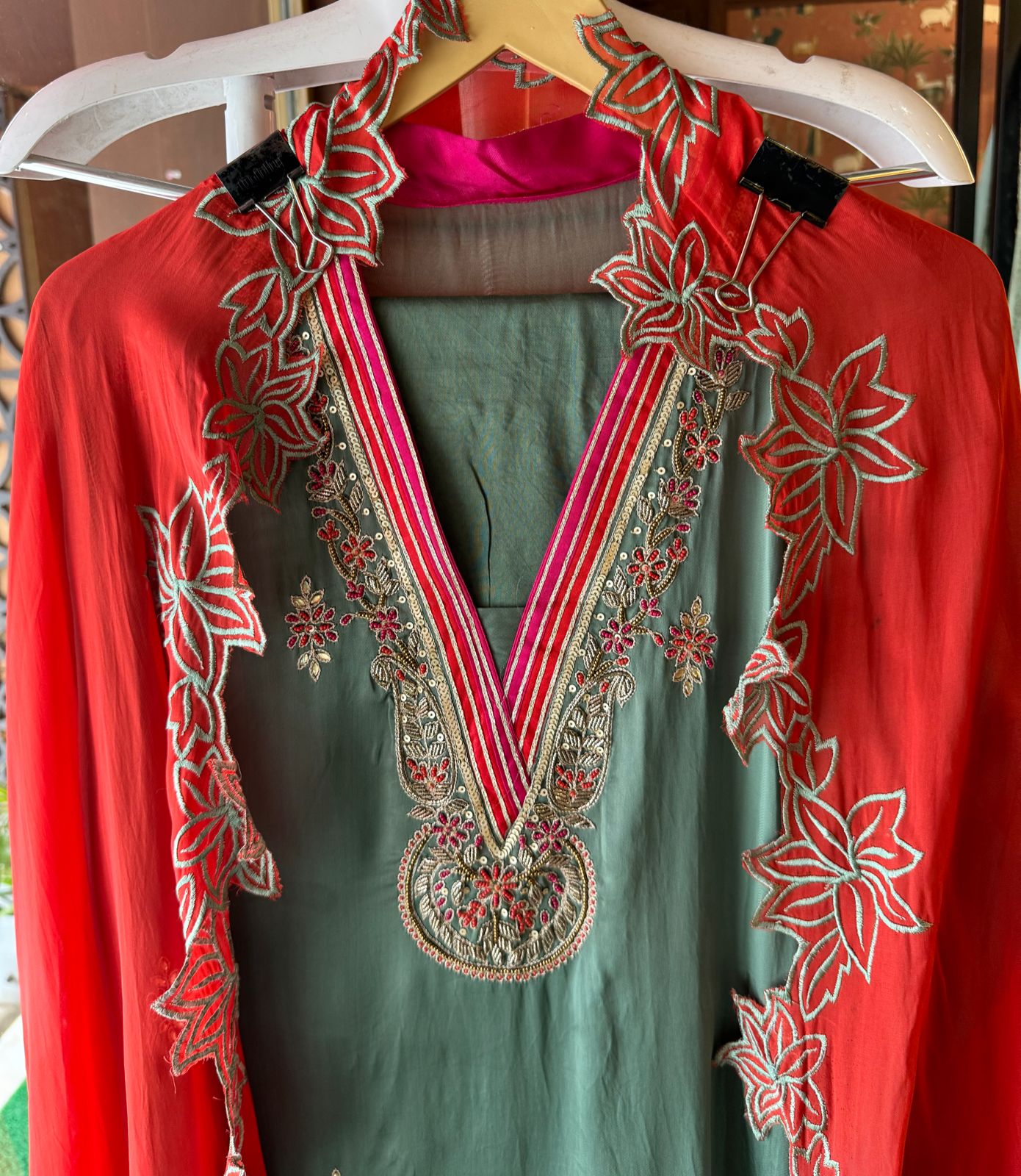 Satin silk Unstitched full size shirt with zardosi and Dabka work done on the neckline