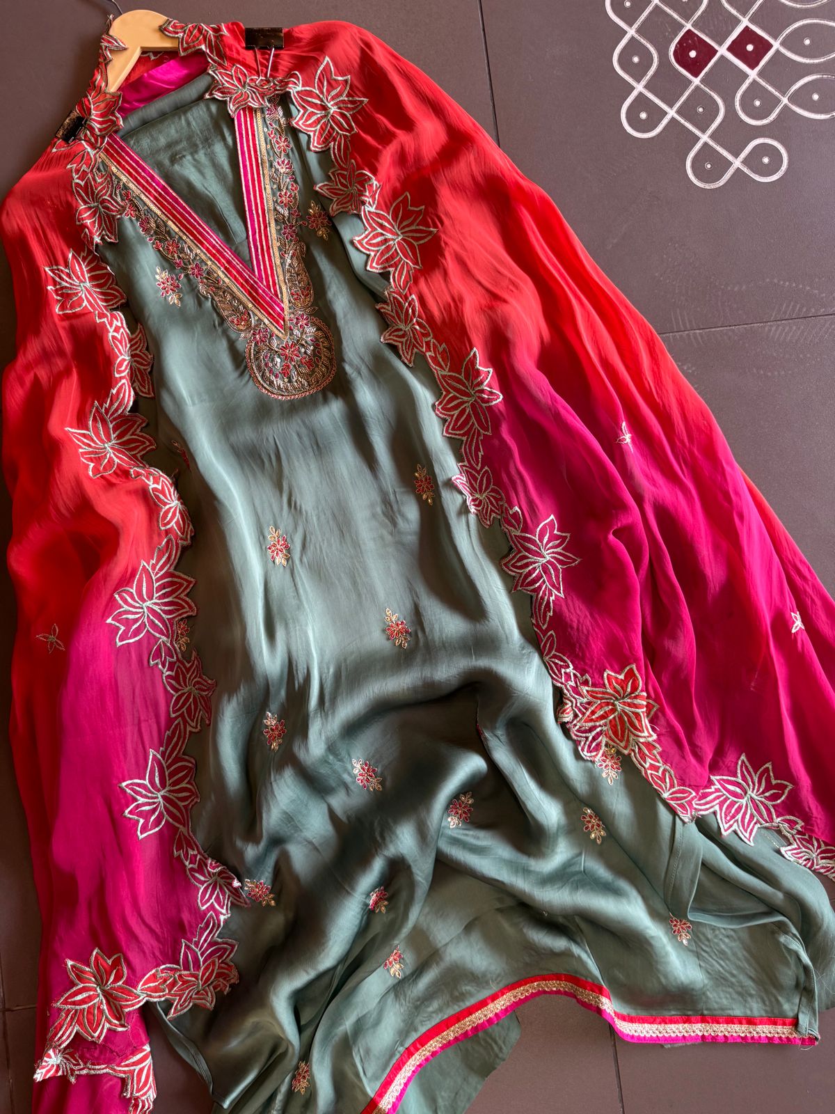 Satin silk Unstitched full size shirt with zardosi and Dabka work done on the neckline