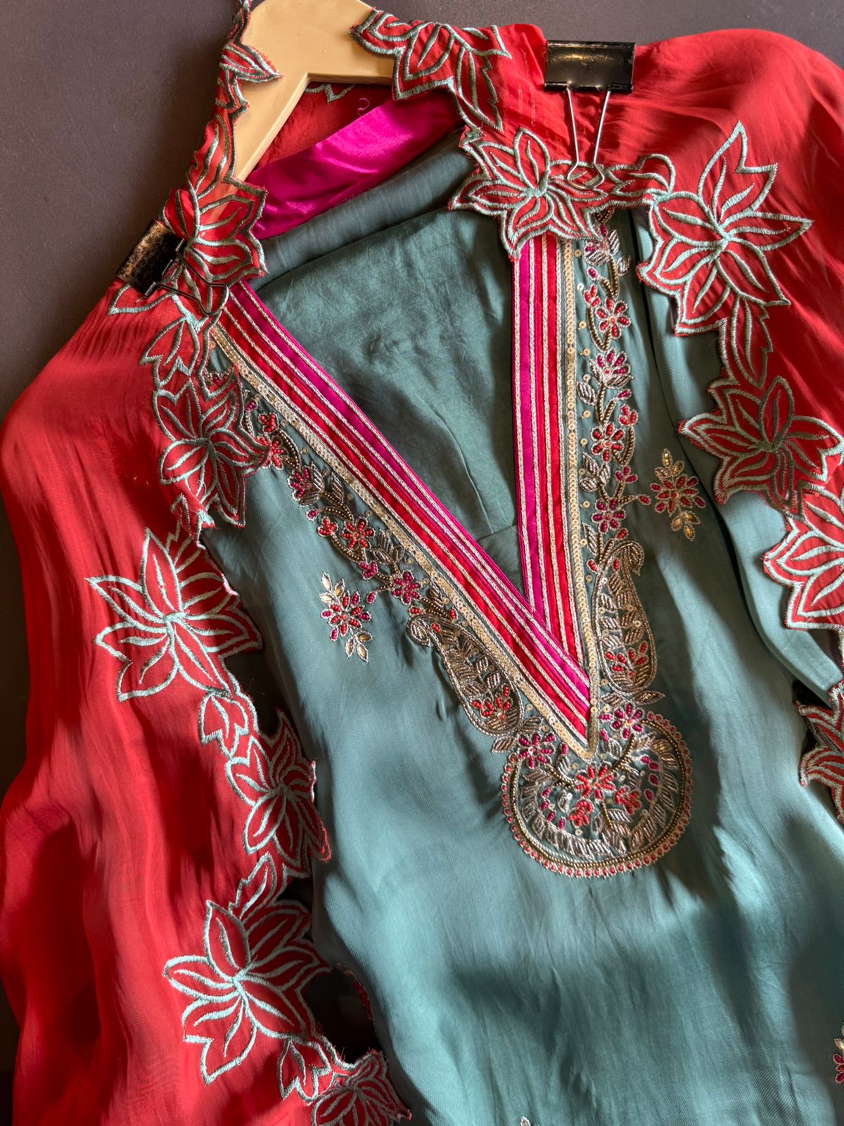 Satin silk Unstitched full size shirt with zardosi and Dabka work done on the neckline