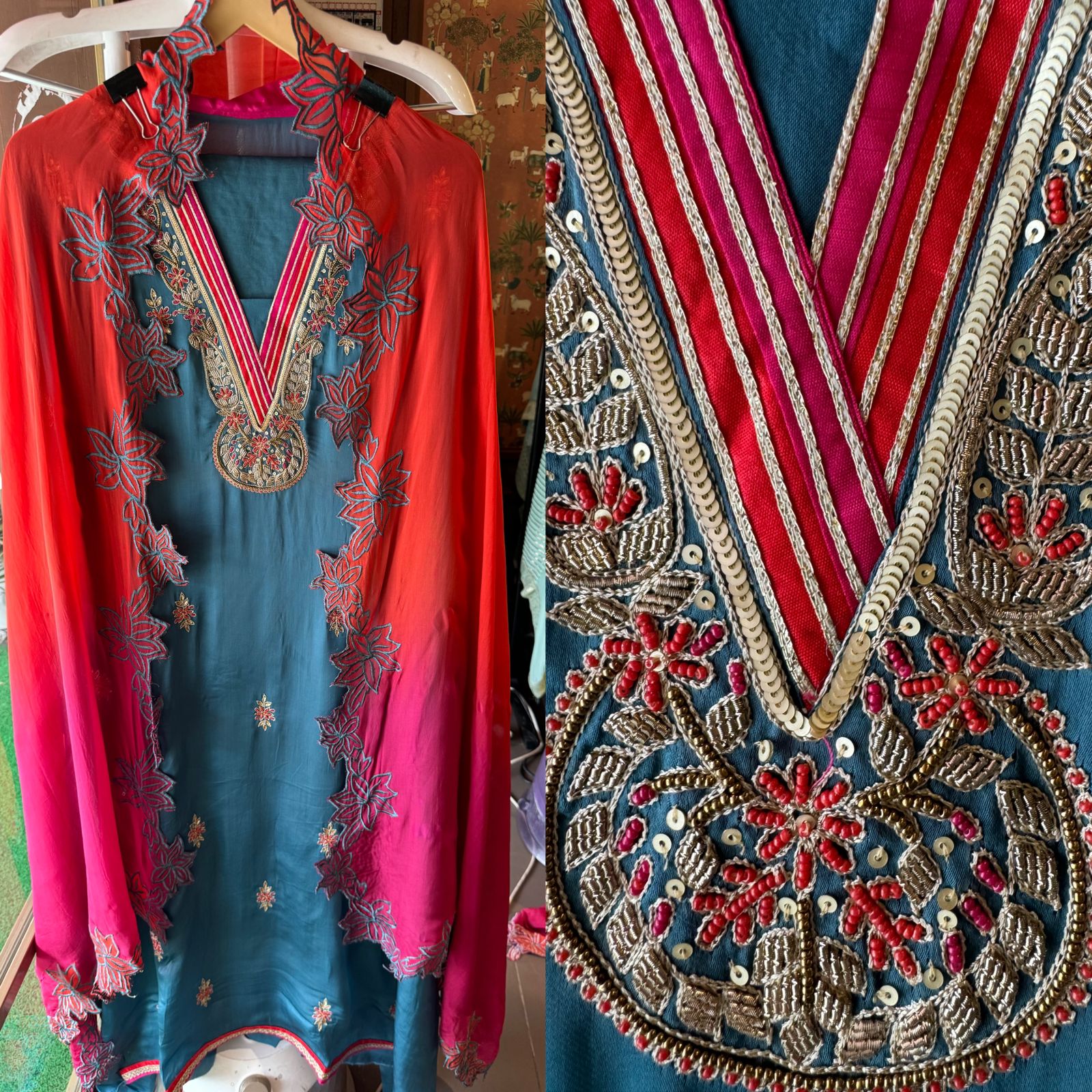 Satin silk Unstitched full size shirt with zardosi and Dabka work done on the neckline