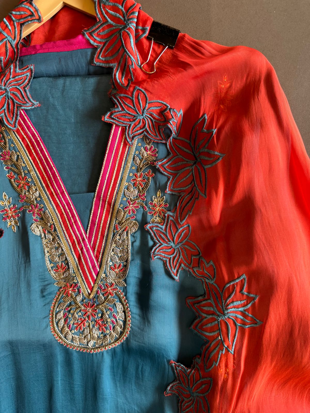 Satin silk Unstitched full size shirt with zardosi and Dabka work done on the neckline