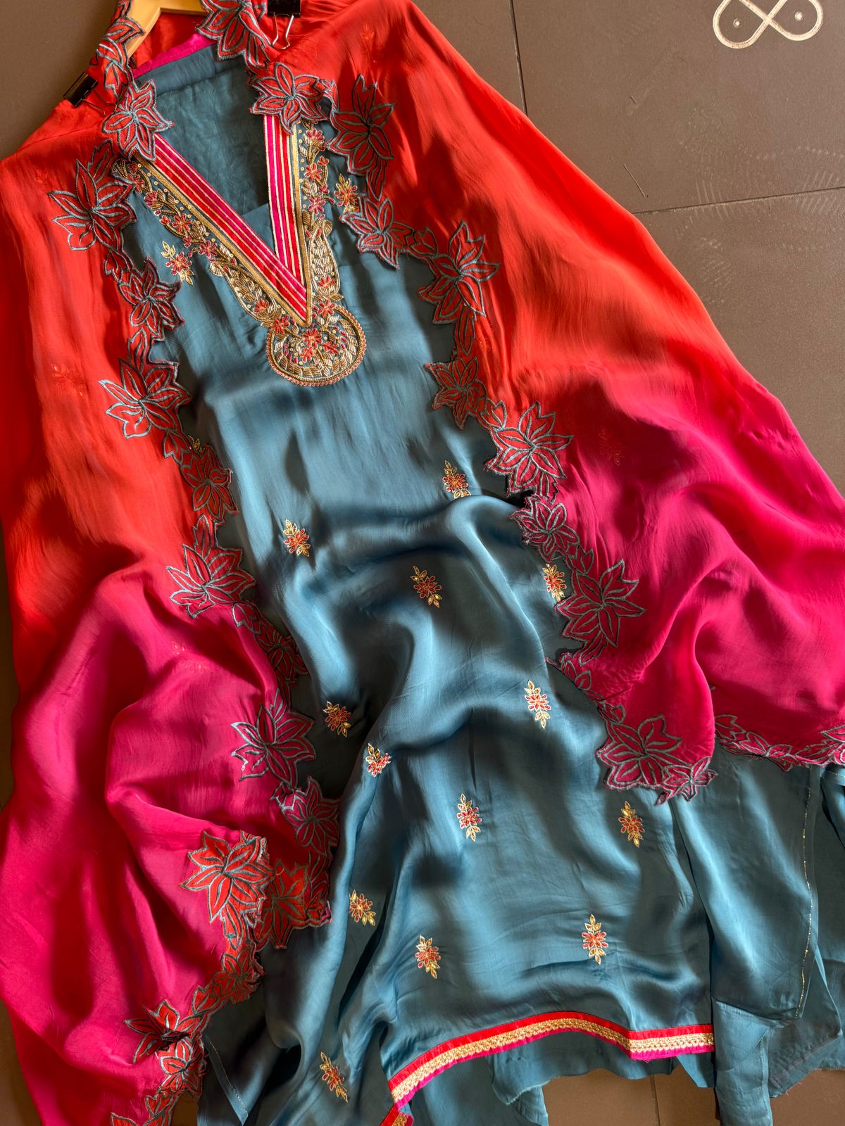Satin silk Unstitched full size shirt with zardosi and Dabka work done on the neckline