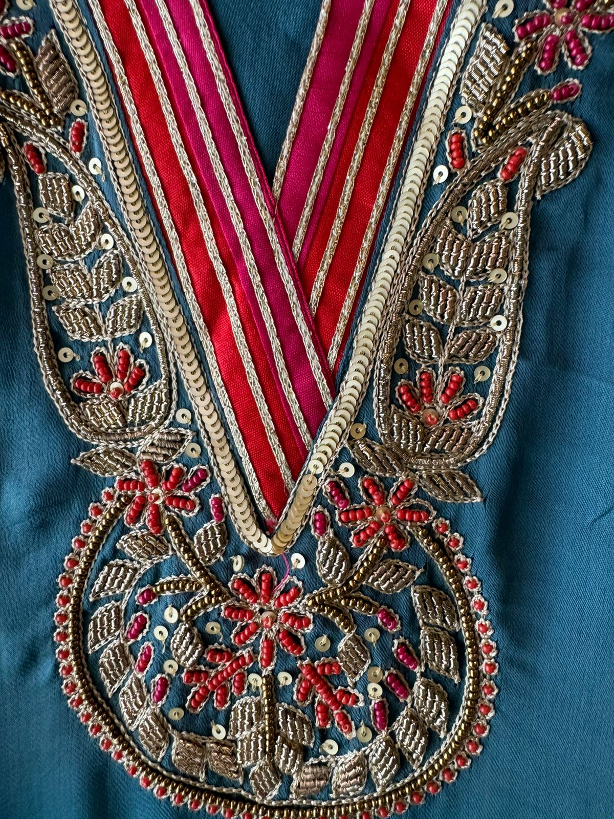 Satin silk Unstitched full size shirt with zardosi and Dabka work done on the neckline