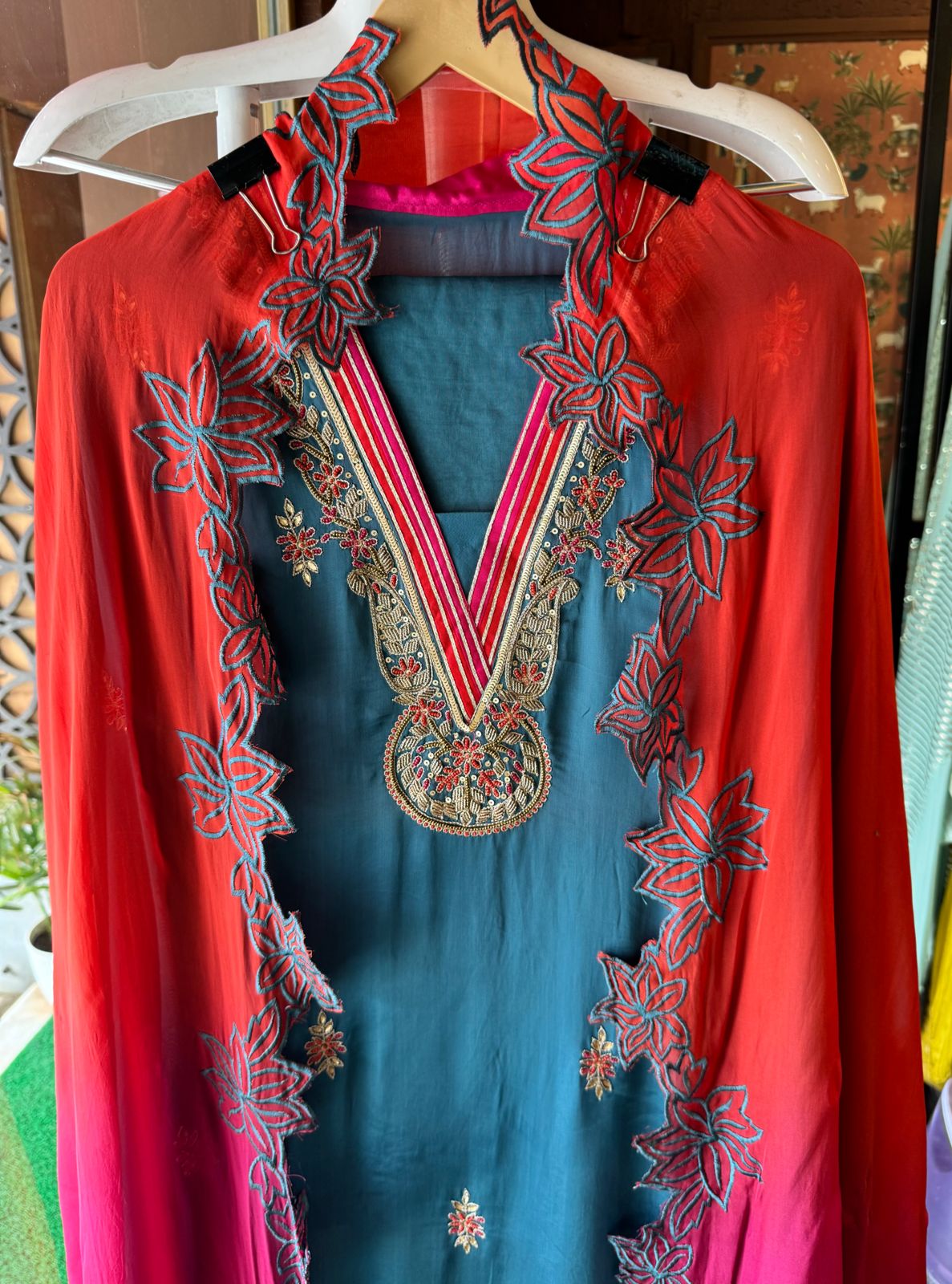 Satin silk Unstitched full size shirt with zardosi and Dabka work done on the neckline