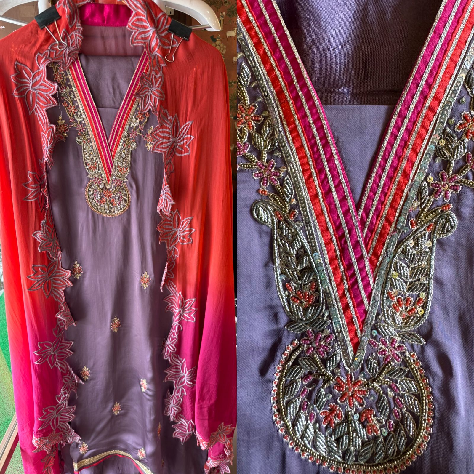 Satin silk Unstitched full size shirt with zardosi and Dabka work done on the neckline