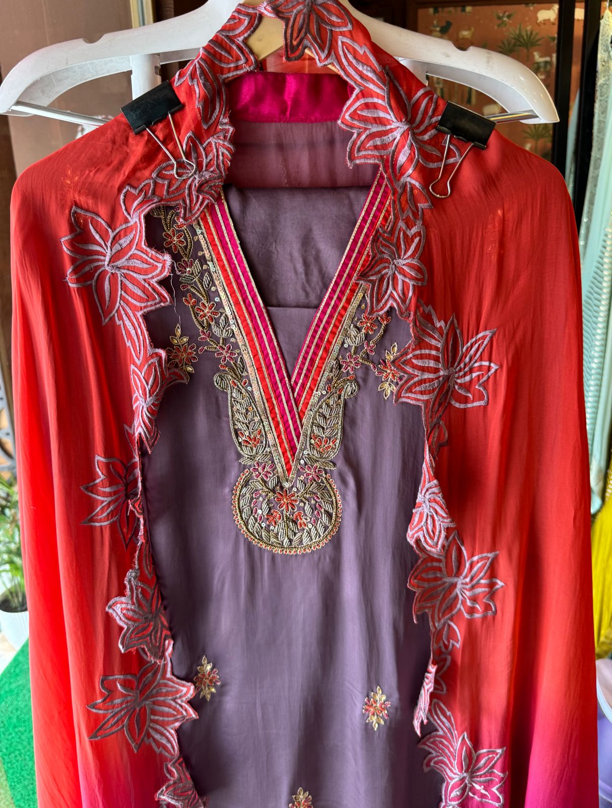 Satin silk Unstitched full size shirt with zardosi and Dabka work done on the neckline