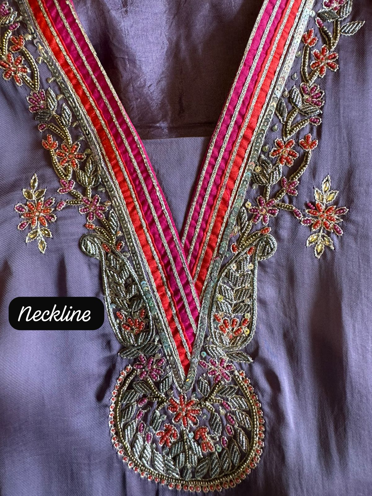 Satin silk Unstitched full size shirt with zardosi and Dabka work done on the neckline