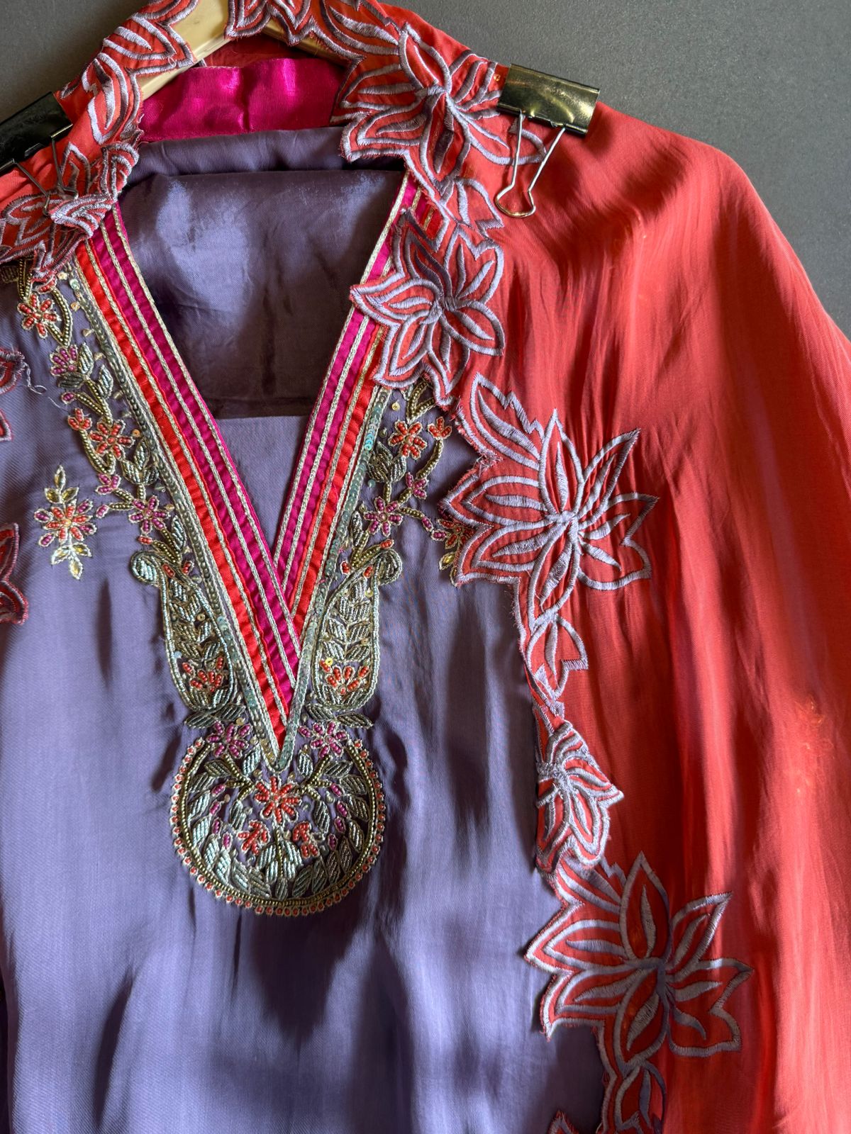 Satin silk Unstitched full size shirt with zardosi and Dabka work done on the neckline