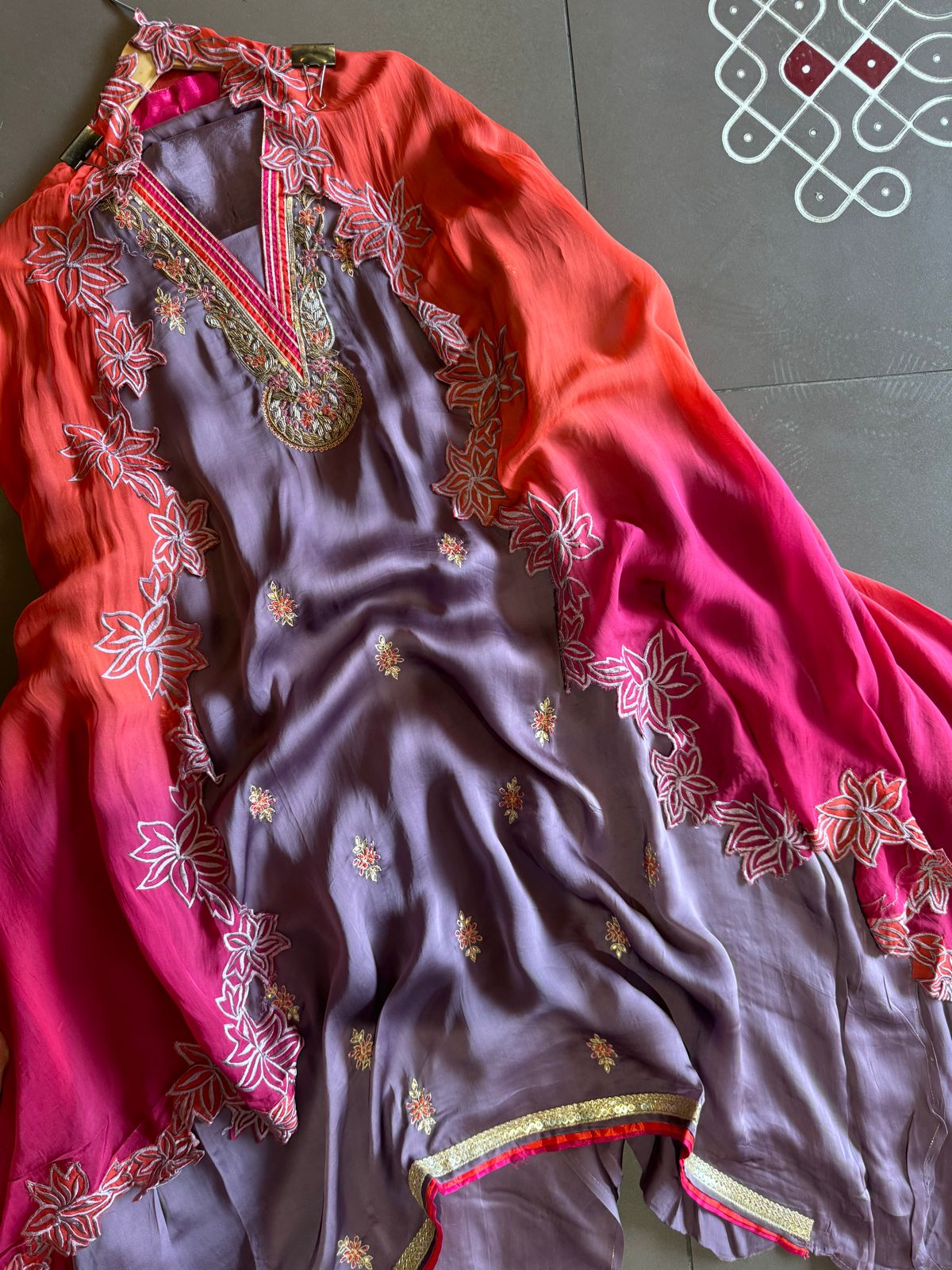 Satin silk Unstitched full size shirt with zardosi and Dabka work done on the neckline