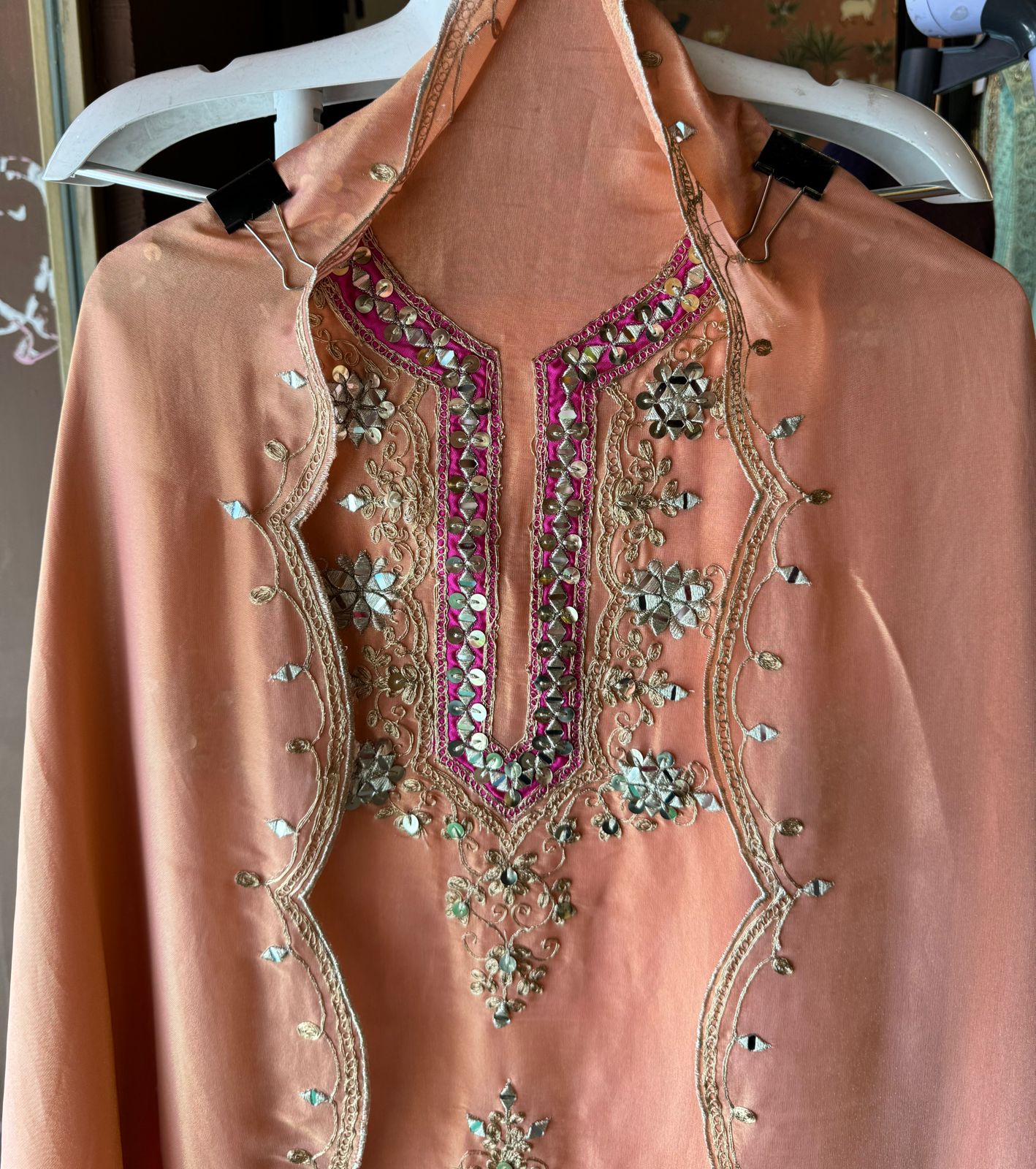 Soft shimmer tissue Unstitched Shirt with Dori Zari Handembroidered neckline