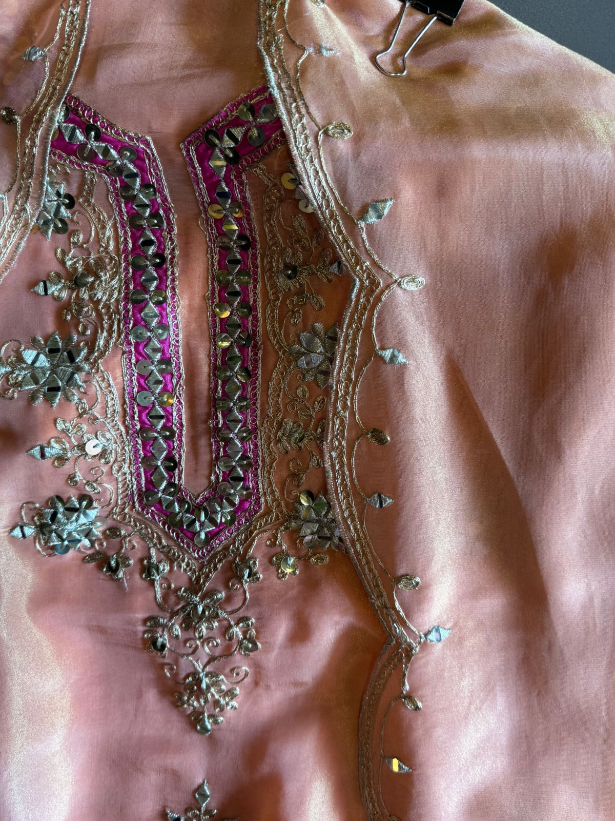 Soft shimmer tissue Unstitched Shirt with Dori Zari Handembroidered neckline