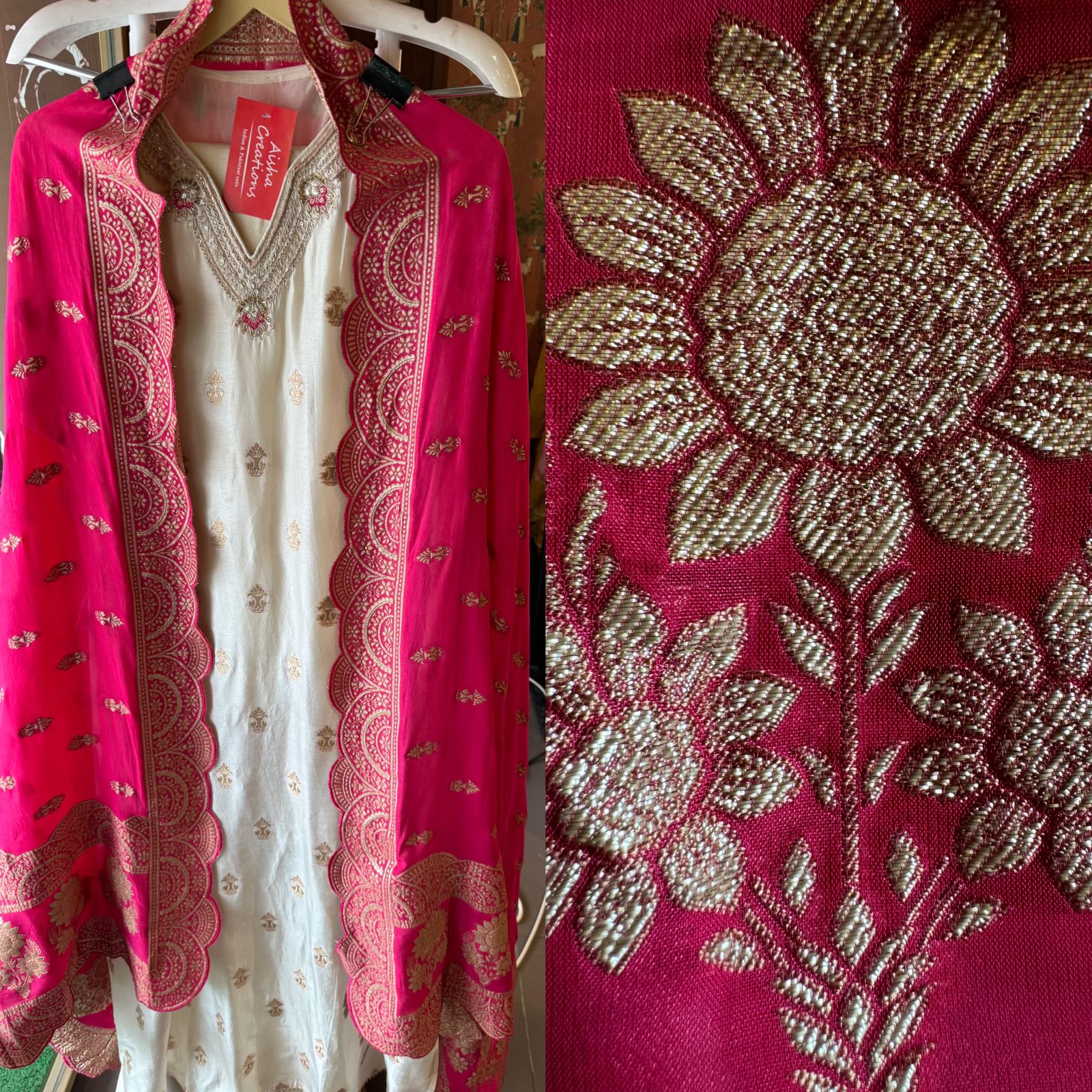Soft Silk Unstitched shirt with beautiful neckline with Dabka , Thread and sequence work (All stitched)