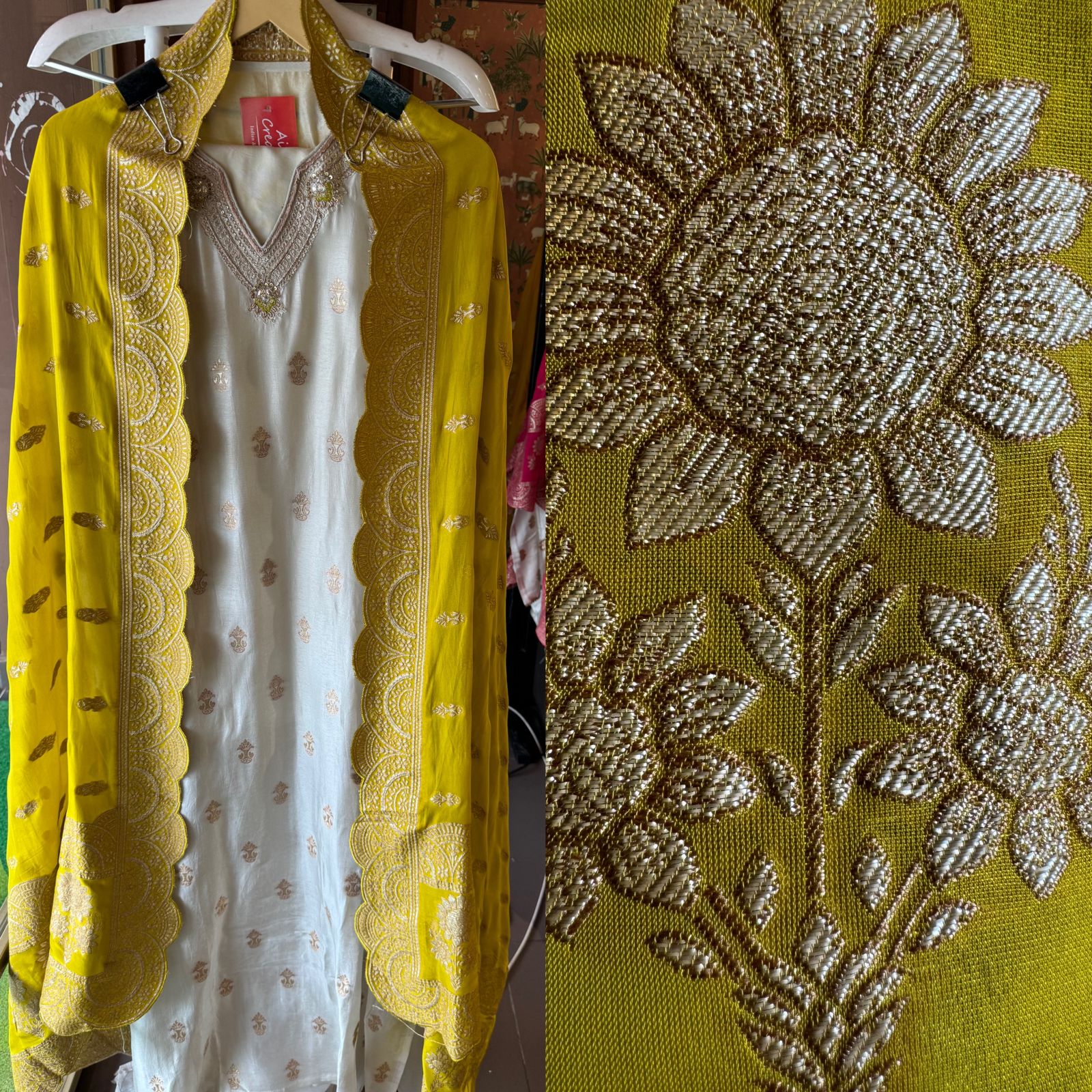 Soft Silk Unstitched shirt with beautiful neckline with Dabka , Thread and sequence work (All stitched)