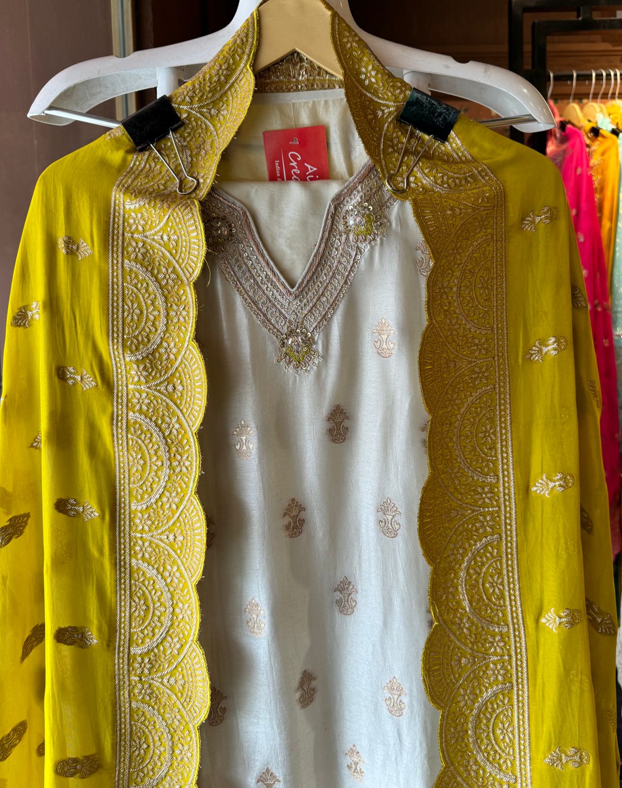 Soft Silk Unstitched shirt with beautiful neckline with Dabka , Thread and sequence work (All stitched)