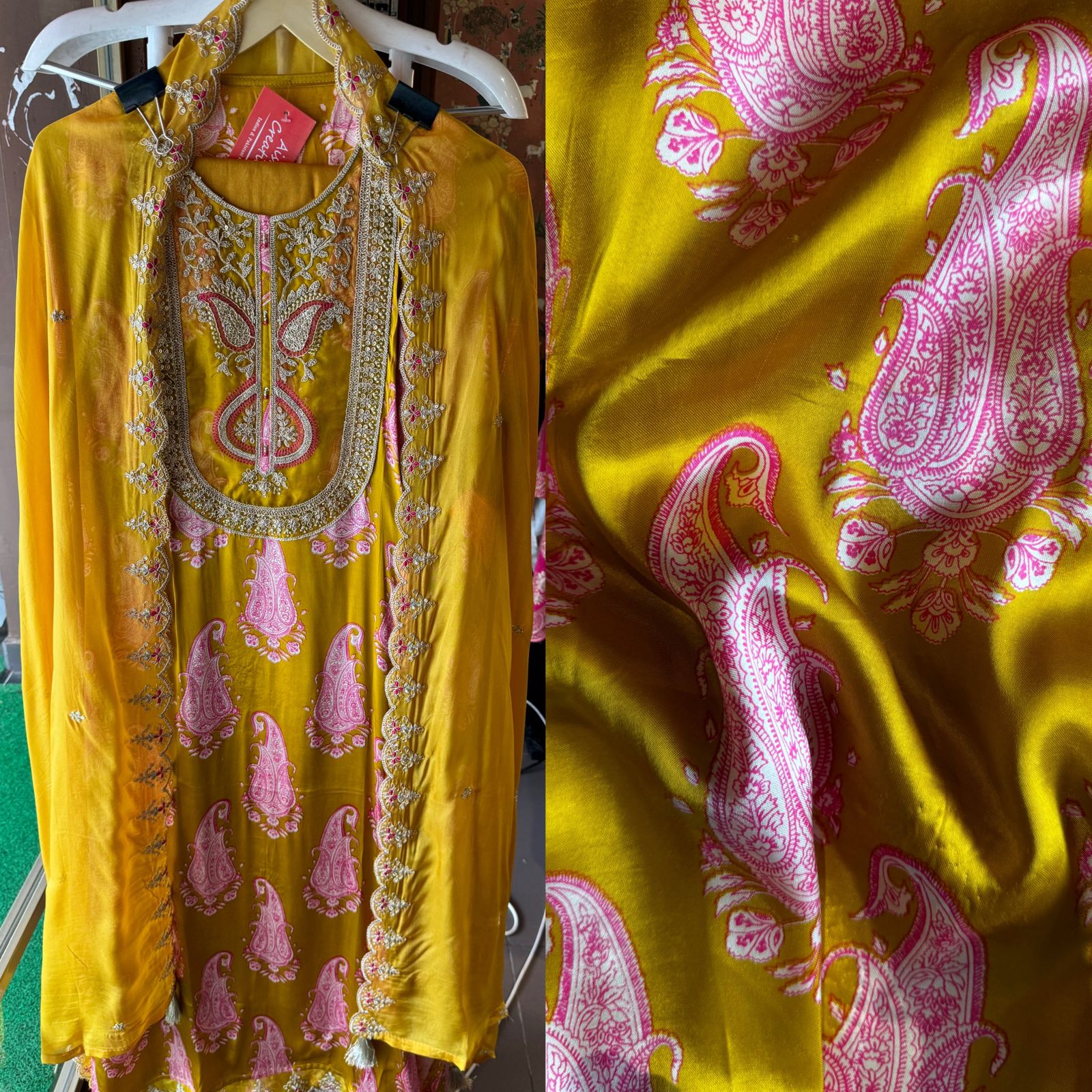 Pure Gajji silk Unstitched Shirt with very Gorgeous dori embroidery and Threadwork on the neckline