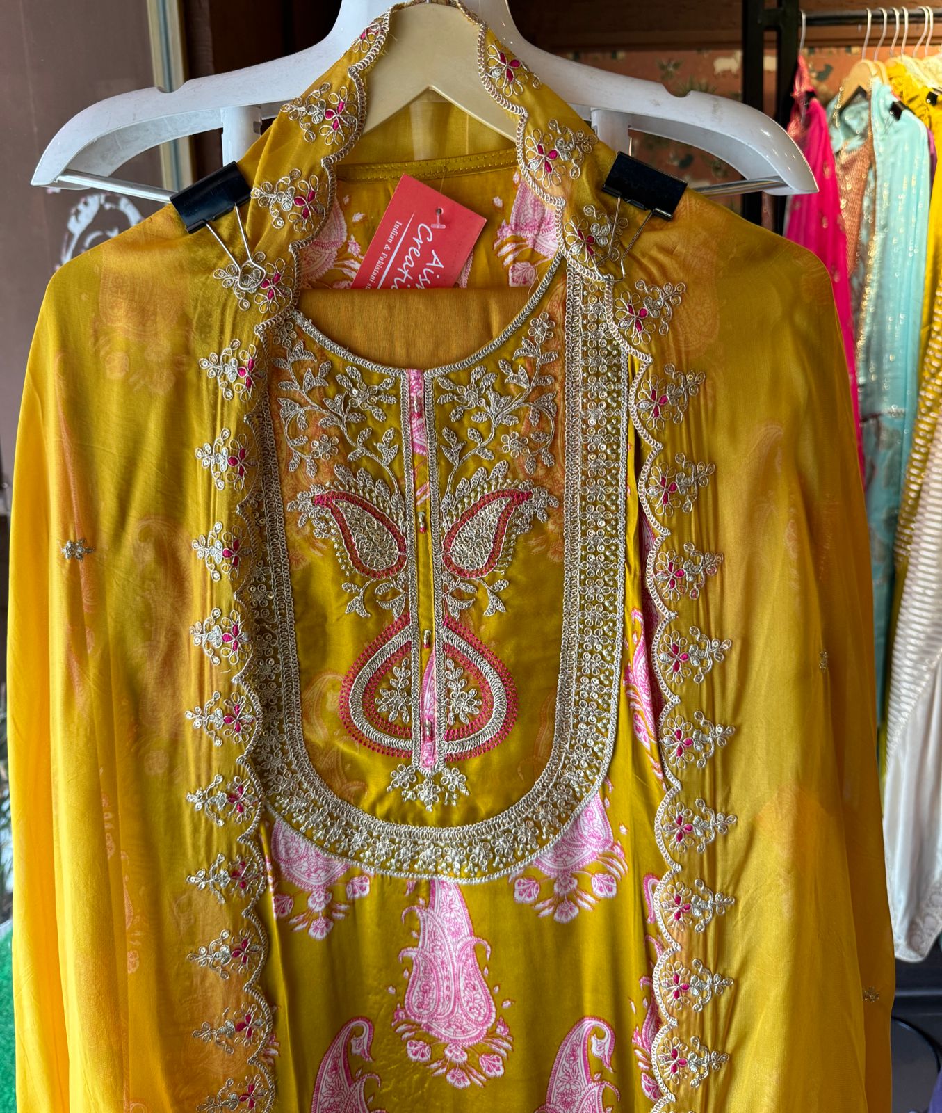 Pure Gajji silk Unstitched Shirt with very Gorgeous dori embroidery and Threadwork on the neckline