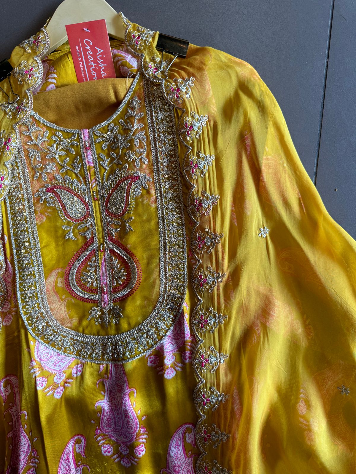 Pure Gajji silk Unstitched Shirt with very Gorgeous dori embroidery and Threadwork on the neckline