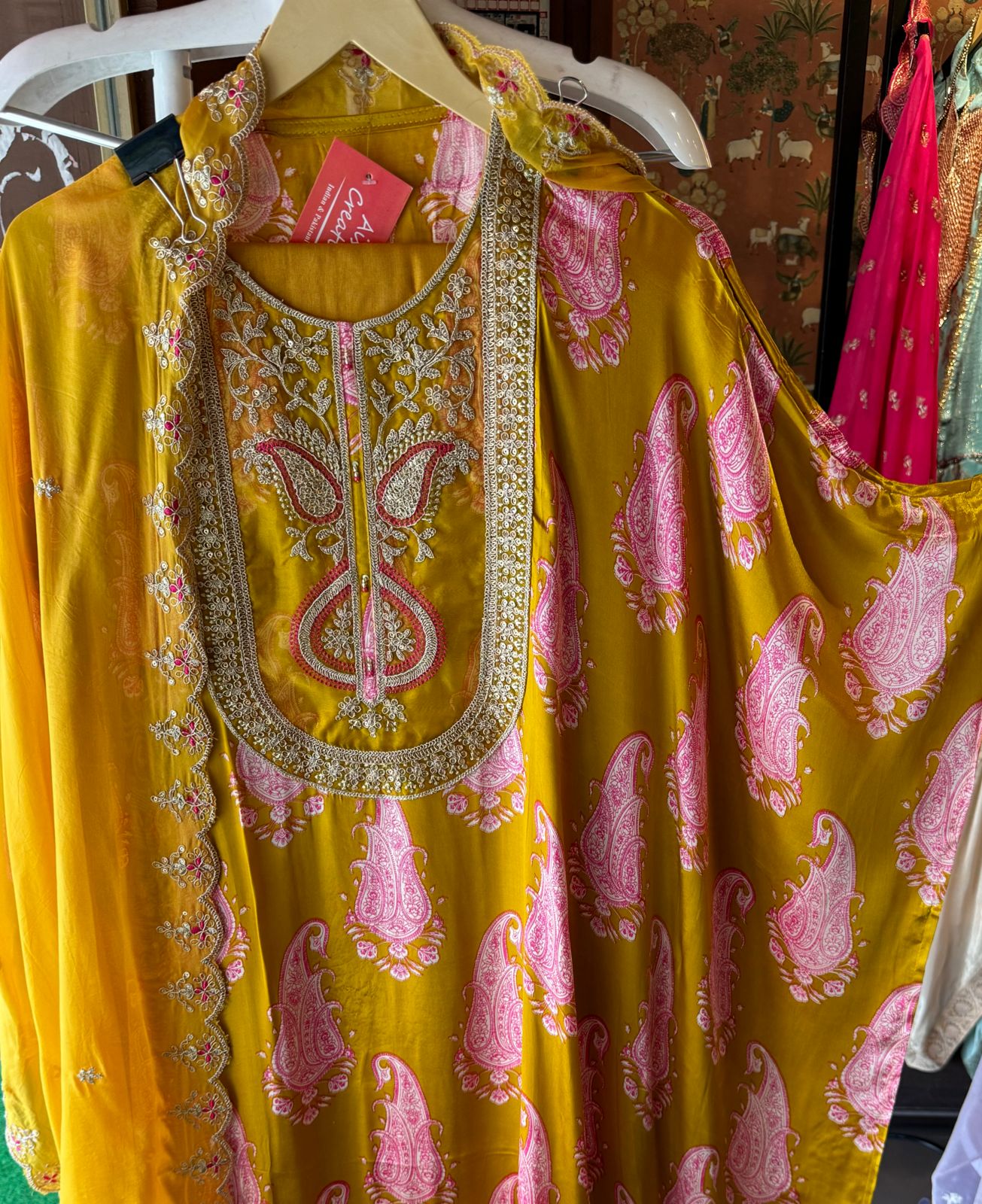 Pure Gajji silk Unstitched Shirt with very Gorgeous dori embroidery and Threadwork on the neckline