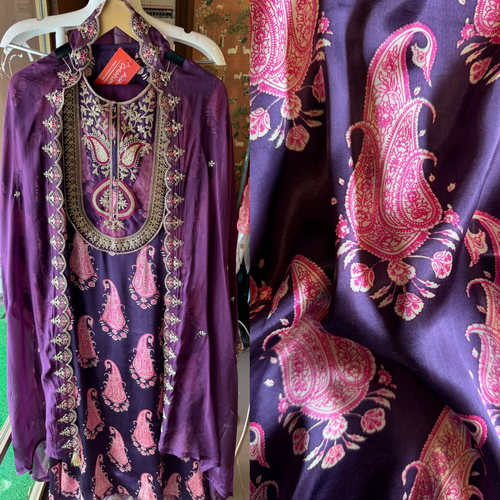 Pure Gajji silk Unstitched Shirt with very Gorgeous dori embroidery and Threadwork on the neckline