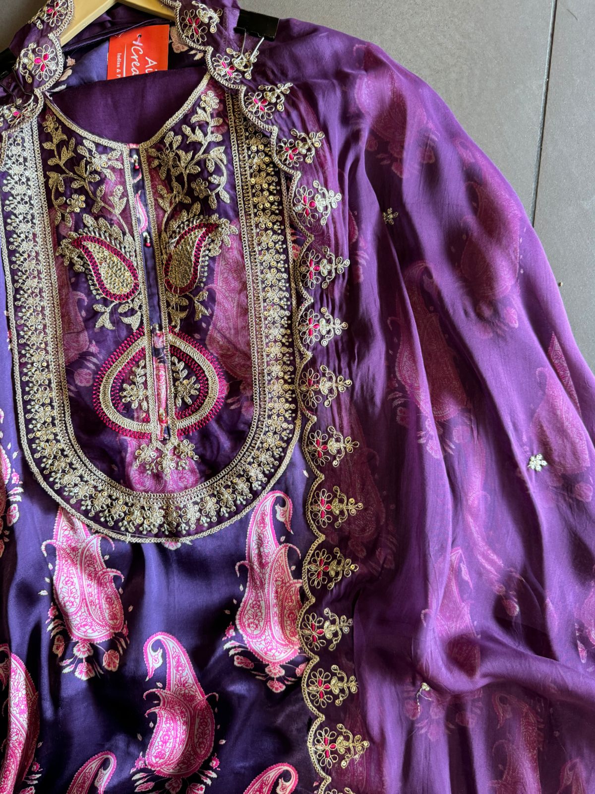 Pure Gajji silk Unstitched Shirt with very Gorgeous dori embroidery and Threadwork on the neckline