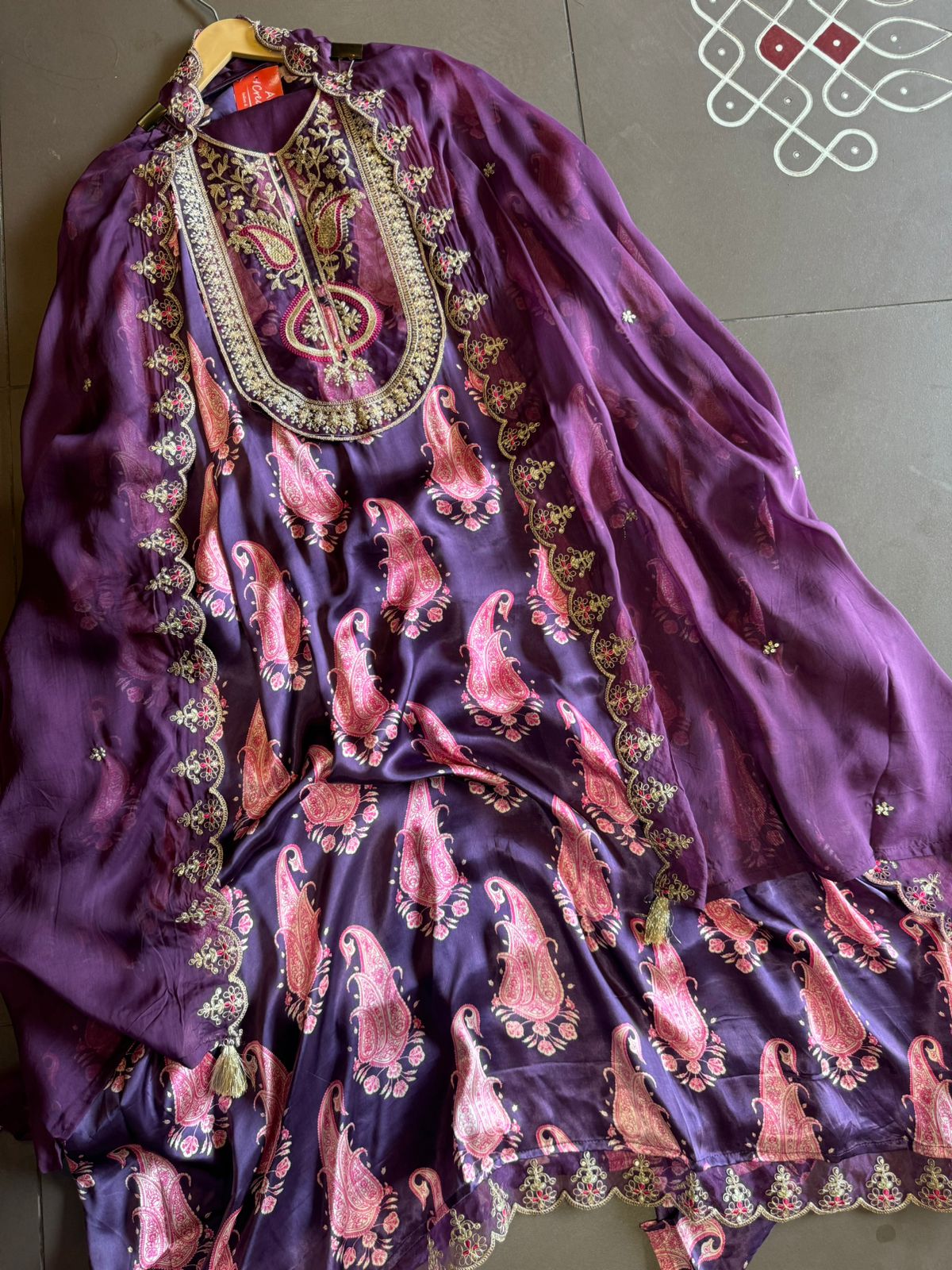 Pure Gajji silk Unstitched Shirt with very Gorgeous dori embroidery and Threadwork on the neckline