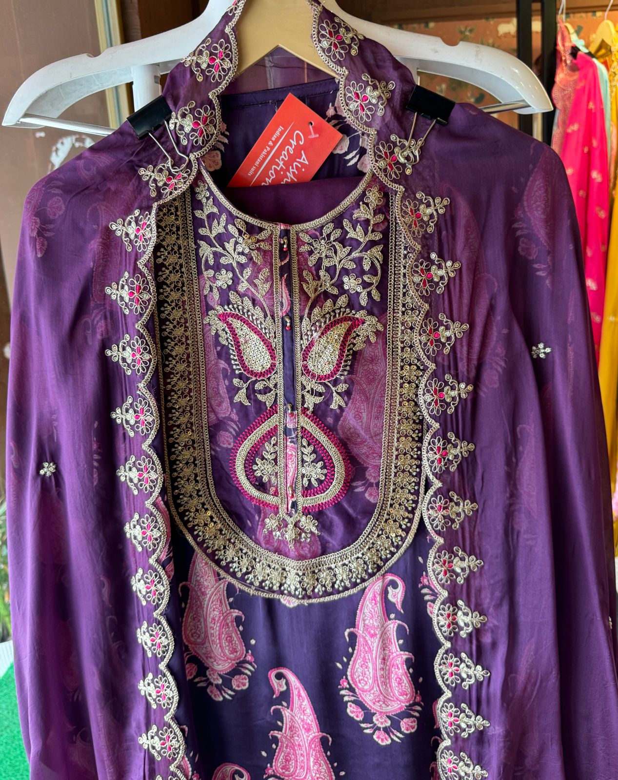 Pure Gajji silk Unstitched Shirt with very Gorgeous dori embroidery and Threadwork on the neckline