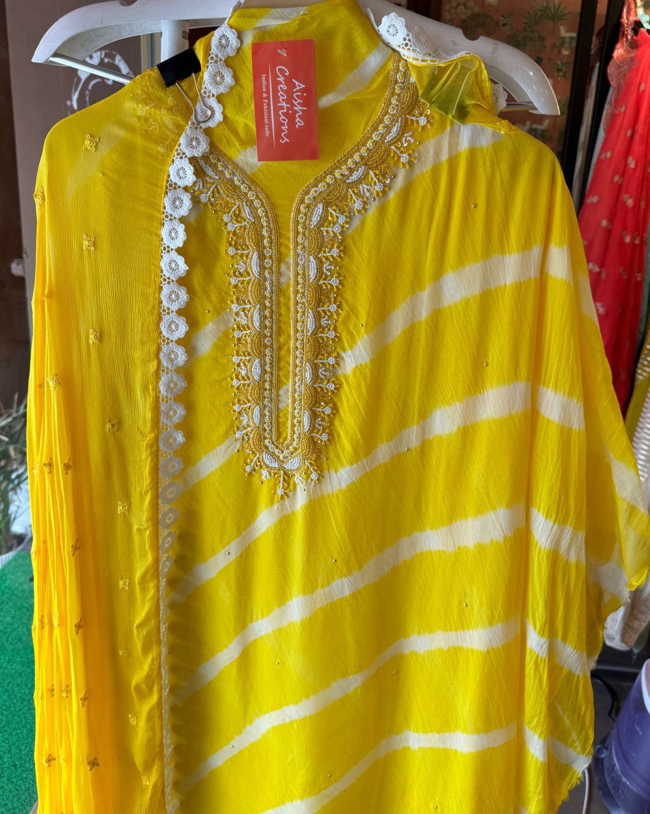 Soft organza Lehriya Printed shirt (Unstitched)With beautiful Neckwork done with Moti and pearl work