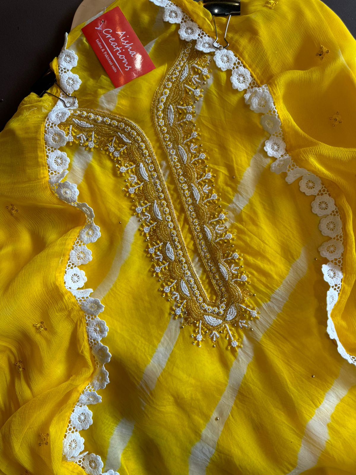 Soft organza Lehriya Printed shirt (Unstitched)With beautiful Neckwork done with Moti and pearl work