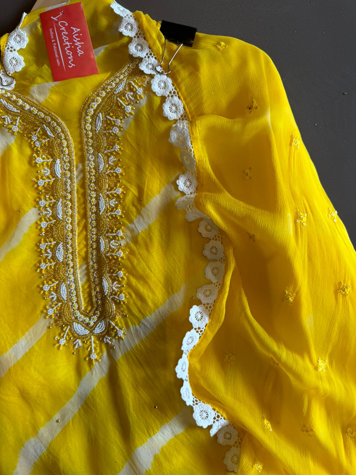 Soft organza Lehriya Printed shirt (Unstitched)With beautiful Neckwork done with Moti and pearl work