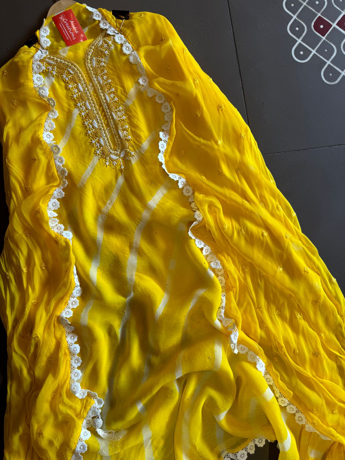 Soft organza Lehriya Printed shirt (Unstitched)With beautiful Neckwork done with Moti and pearl work