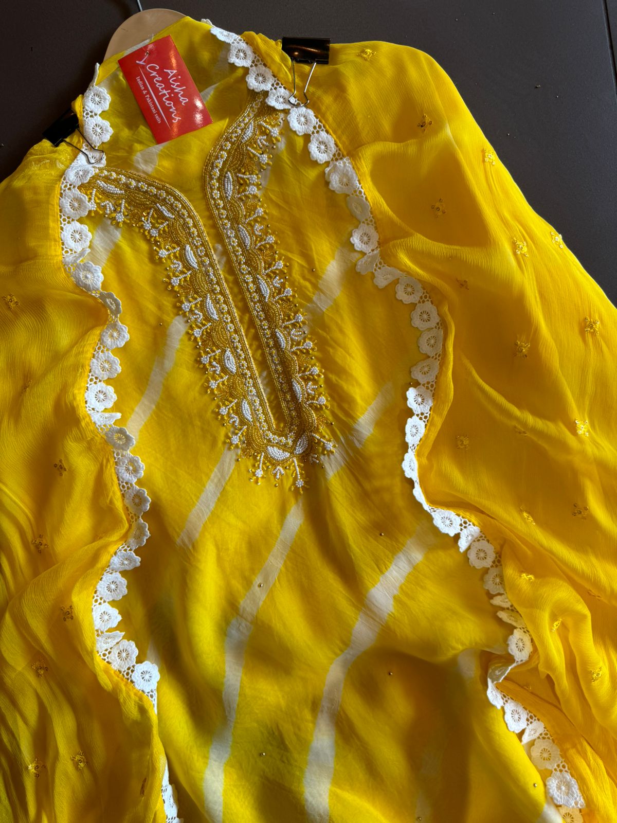 Soft organza Lehriya Printed shirt (Unstitched)With beautiful Neckwork done with Moti and pearl work