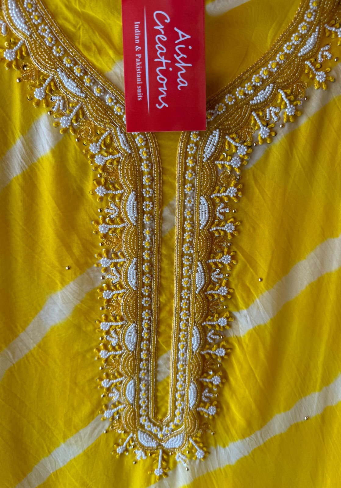 Soft organza Lehriya Printed shirt (Unstitched)With beautiful Neckwork done with Moti and pearl work